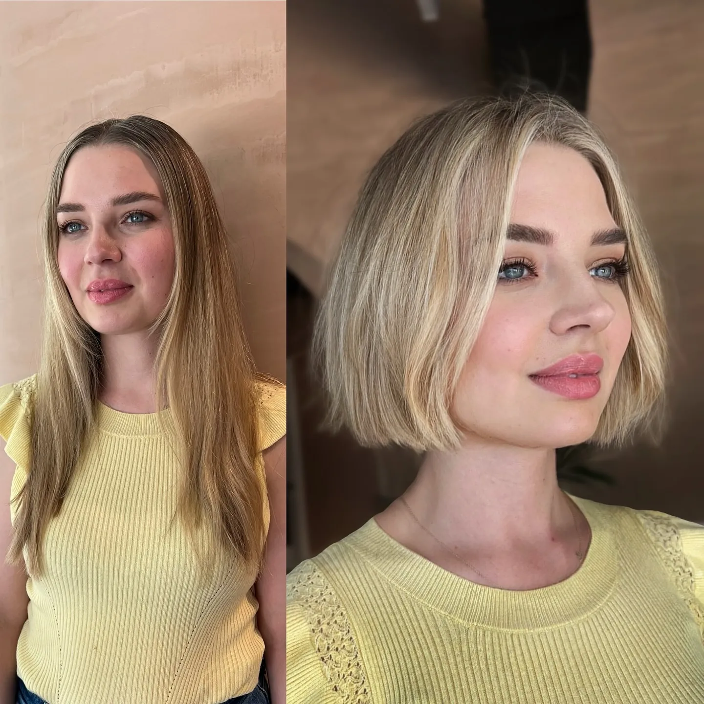 Blunt blonde bob with center part and jaw-length ends