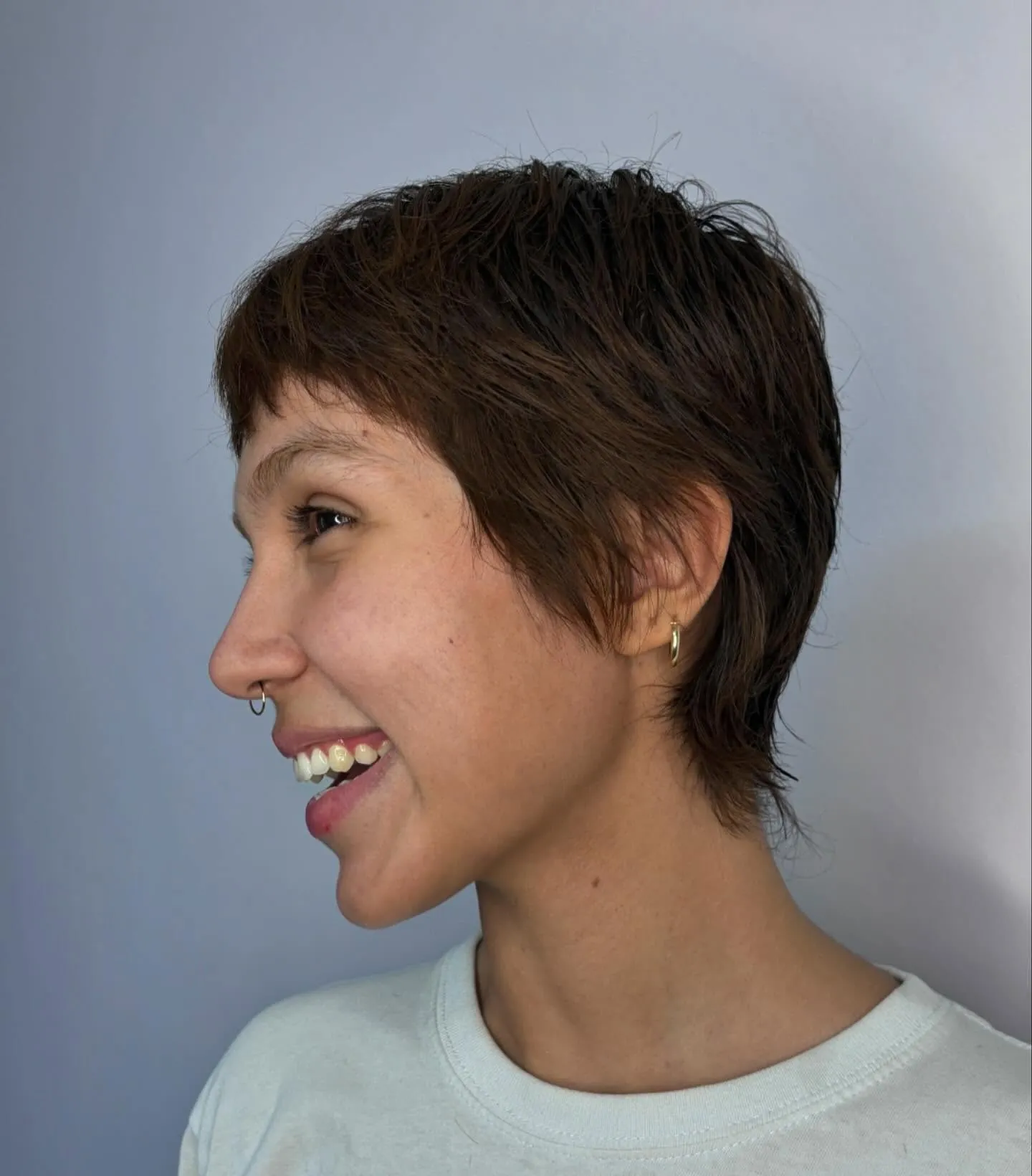 Soft brown tapered pixie with short fringe