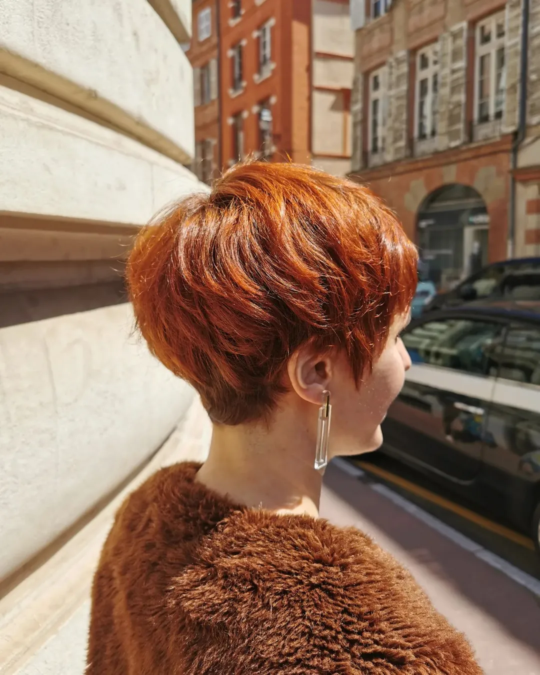 Copper pixie with textured crown and tapered nape