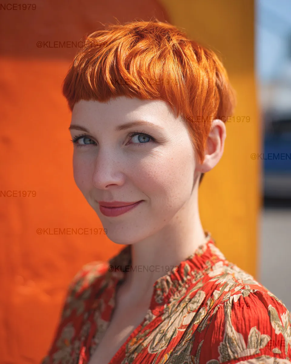 Copper pixie with short blunt fringe and smooth tapered sides