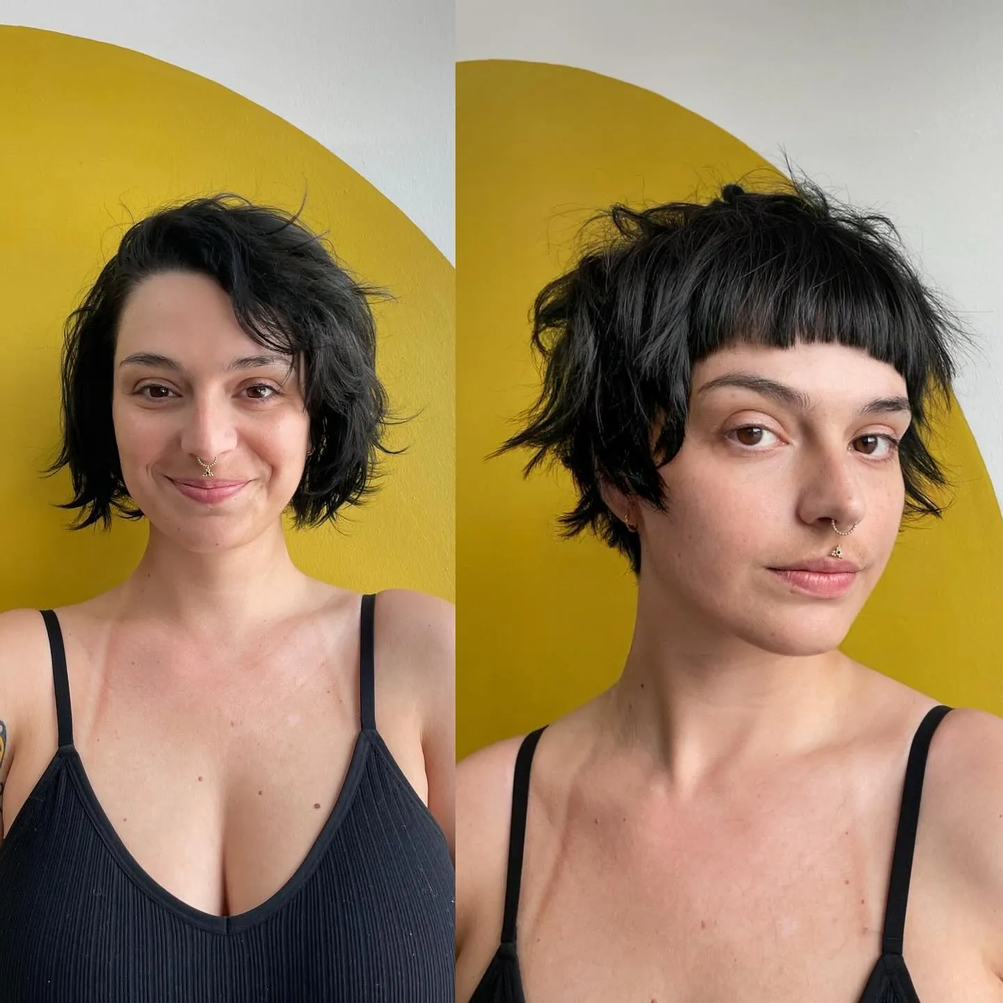 Dark shaggy pixie with short blunt fringe and wispy side pieces