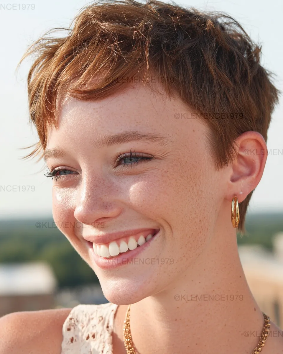 Copper pixie with wispy fringe and softly tapered sides