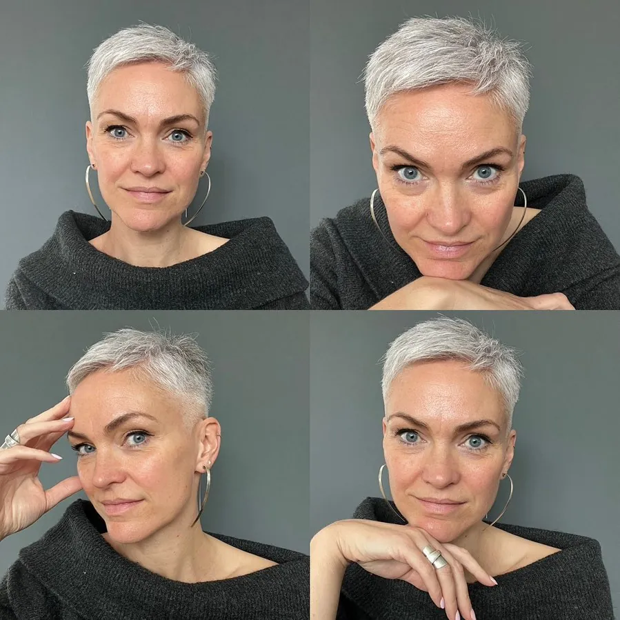 Silver Buzz Pixie in gray and silver hair