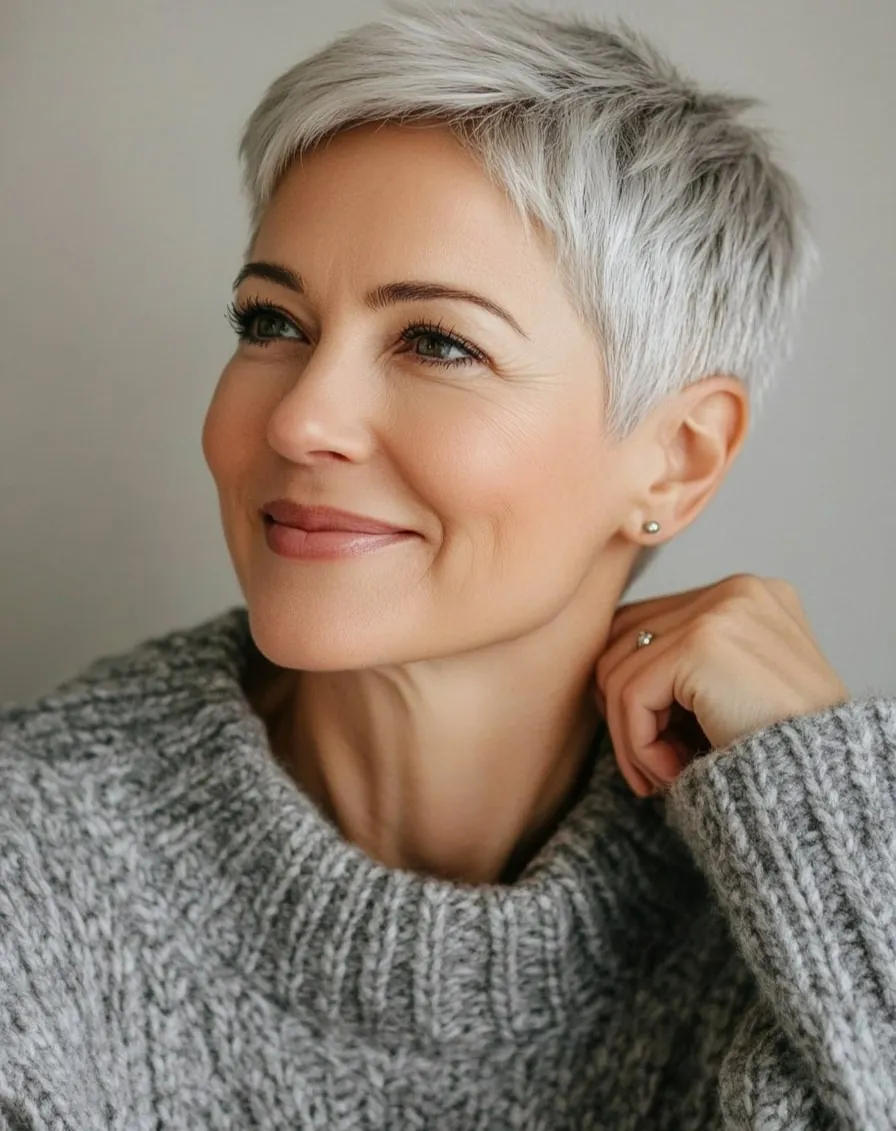 Textured White Pixie in gray and silver hair