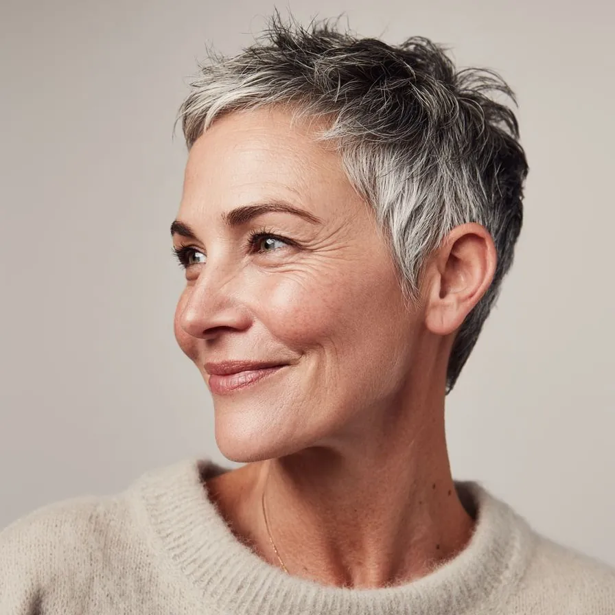 Textured Salt-Pepper Pixie in gray and silver hair