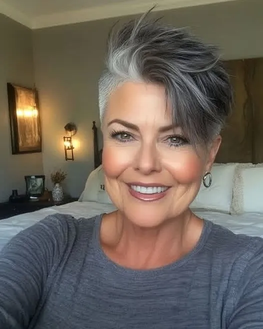 Side-Swept Gray Pixie in gray and silver hair