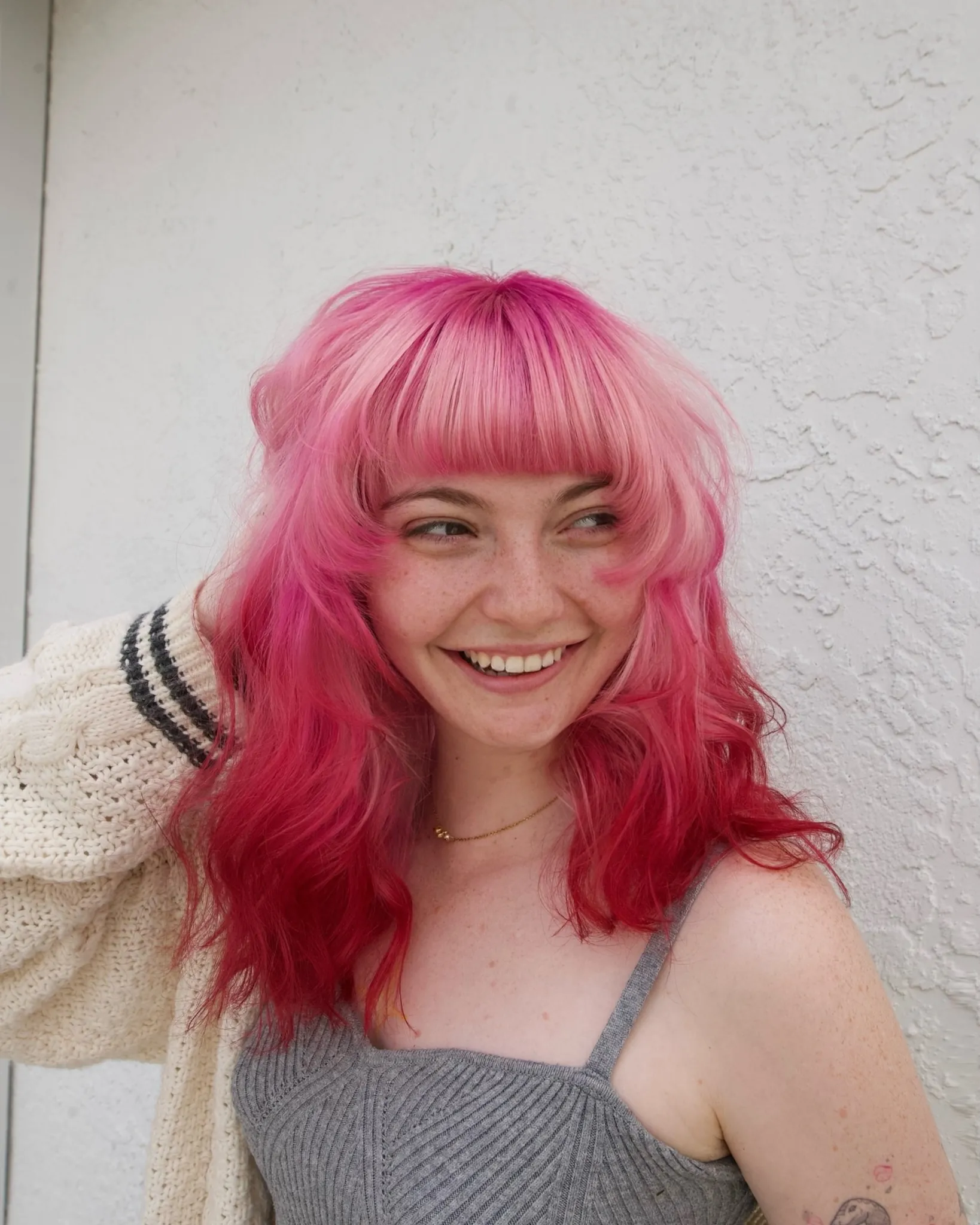 Pink halo shag with full fringe and long layers