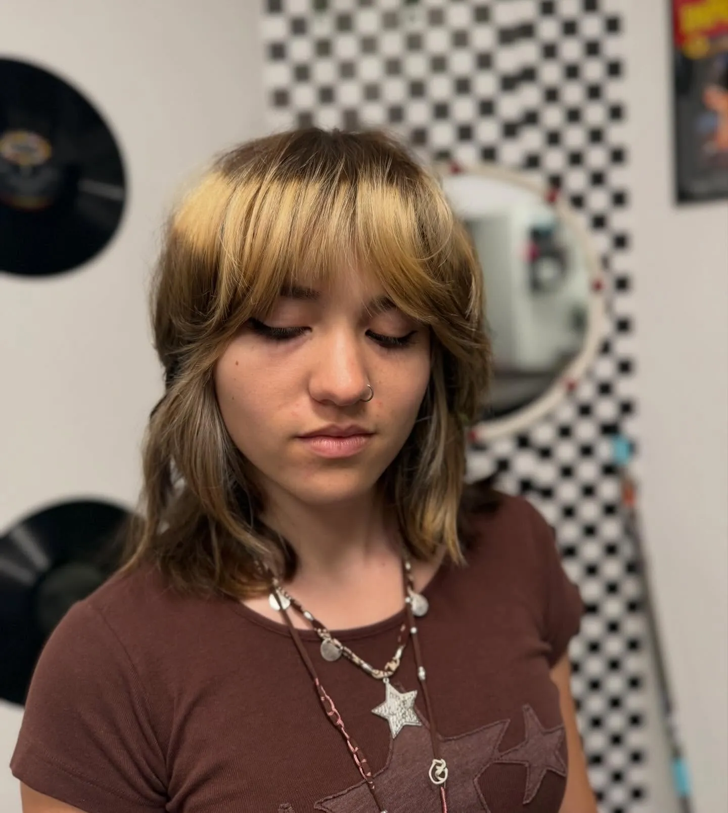 Medium halo haircut with curtain fringe and layered ends