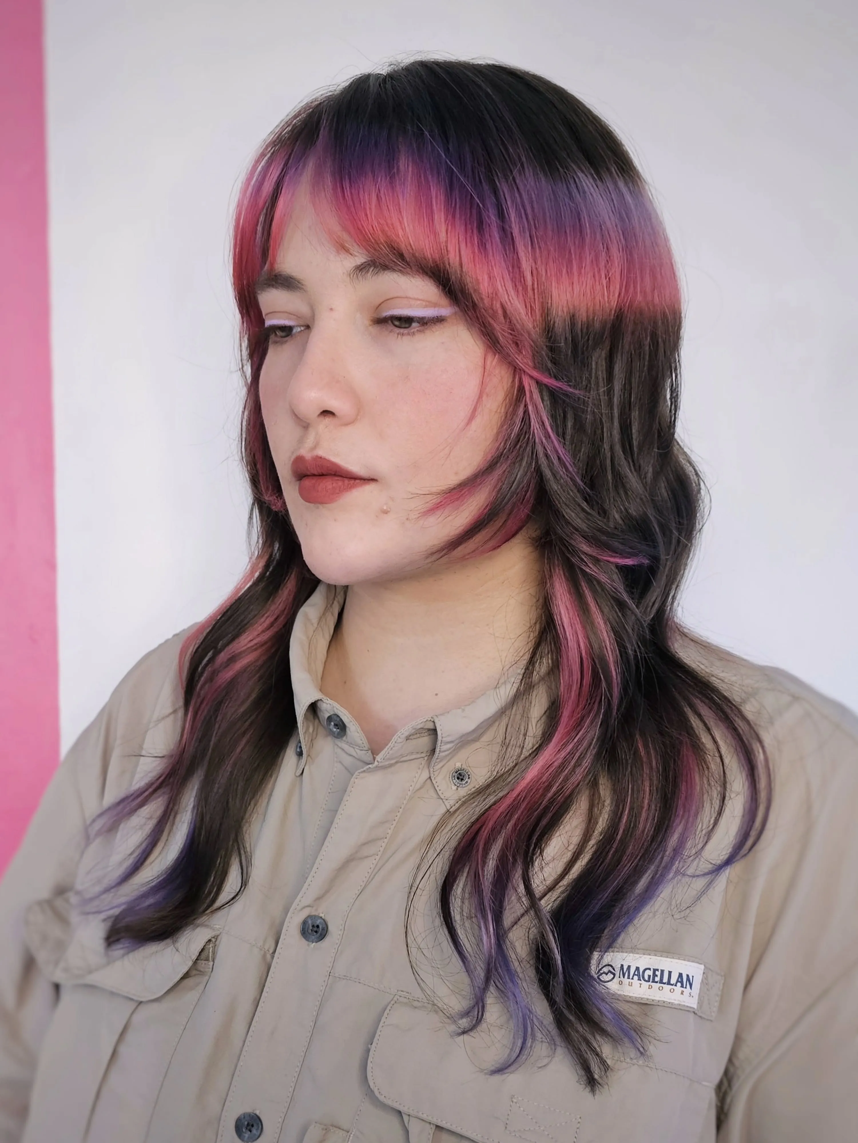 Long halo haircut with pink and dark two tone colour