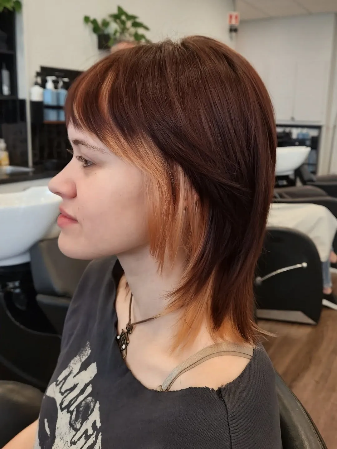 Copper halo haircut with soft full fringe