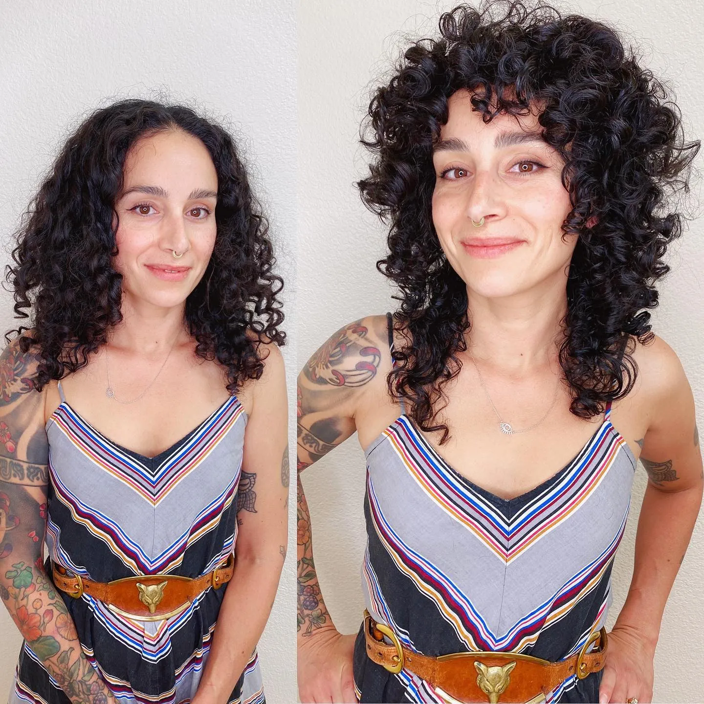 Rounded curly shag with short fringe and layered sides