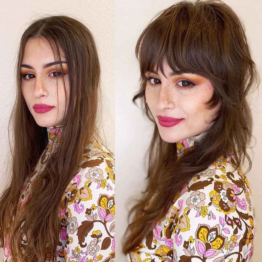 Long shag layers with full bangs and face-framing pieces
