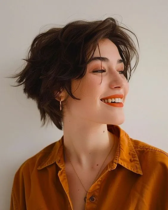 Tousled side-swept layered pixie with longer crown pieces