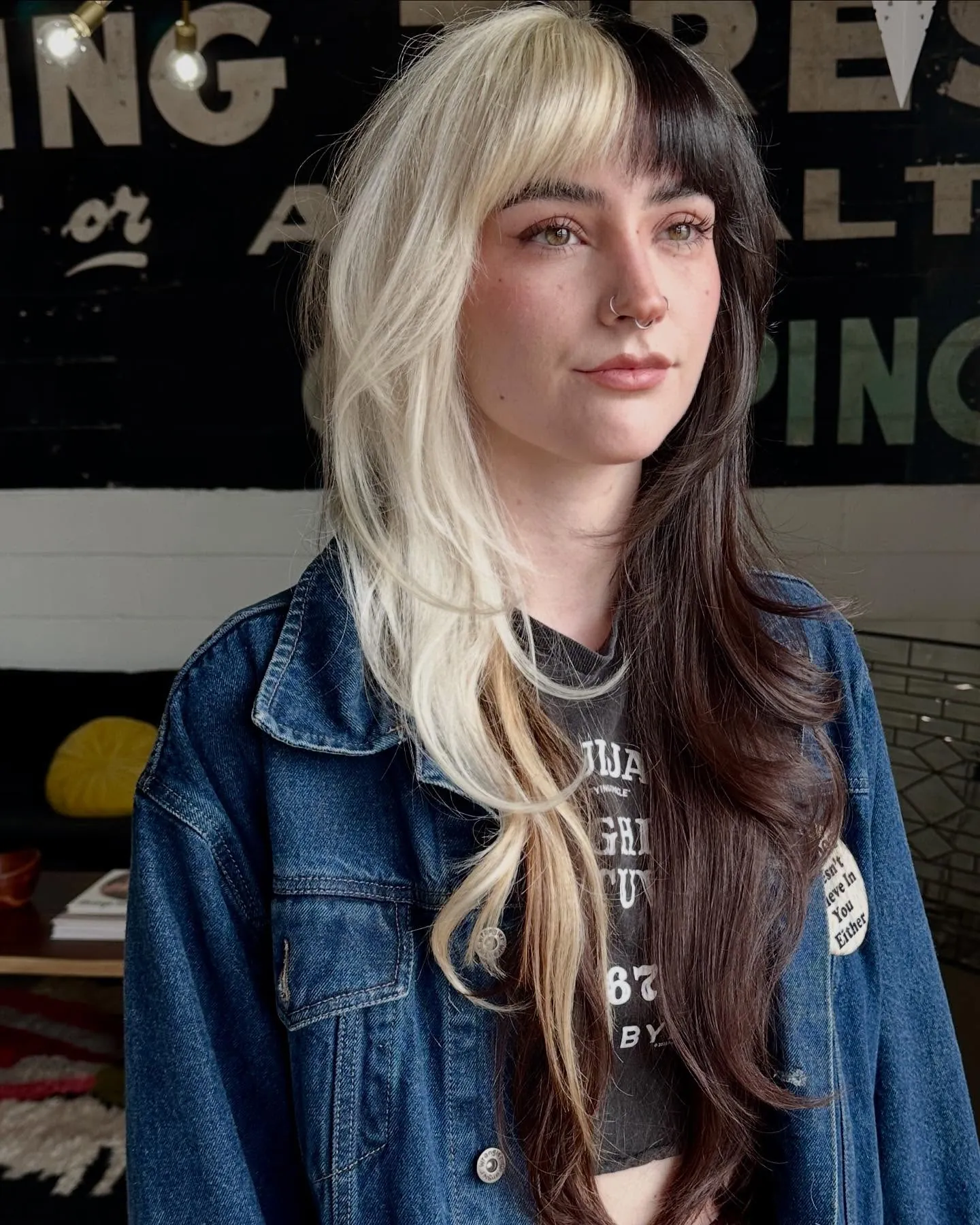Two-tone long layered hair with a full fringe