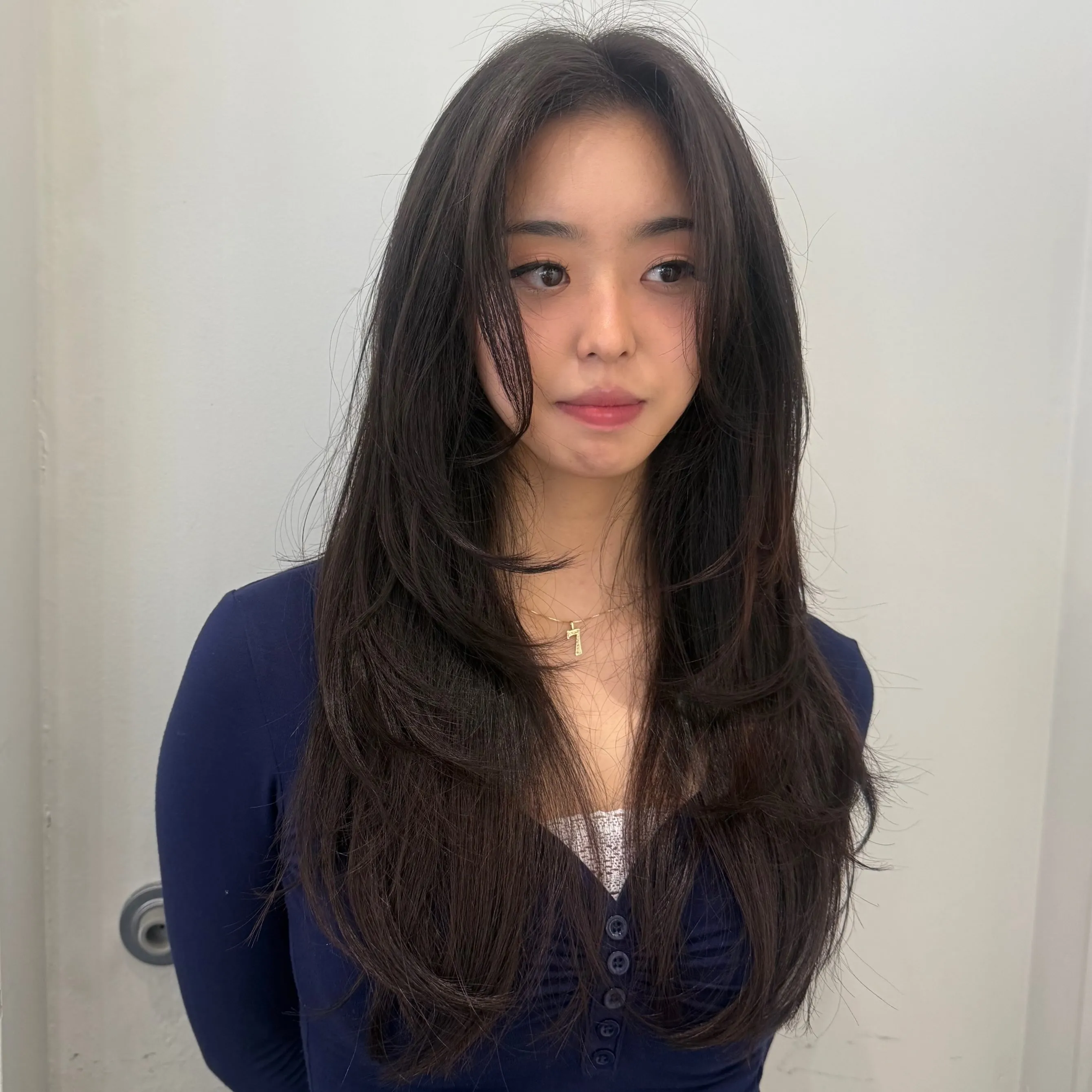 Long dark sleek hair with graduated face-framing layers