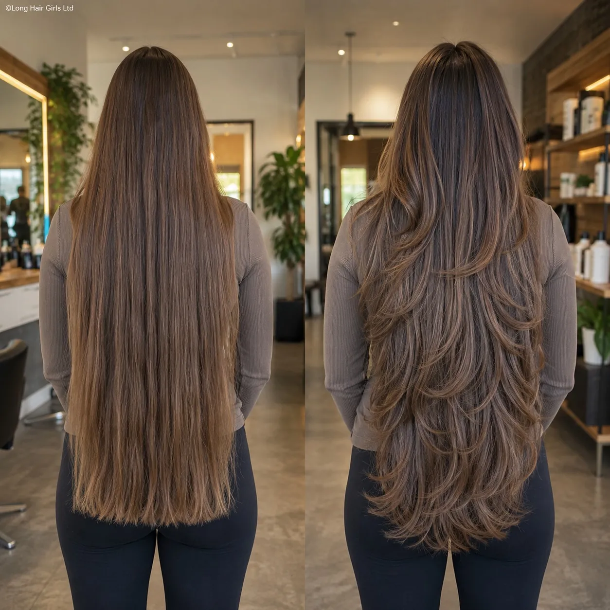 Very long hair shown from the back with cascading layered lengths