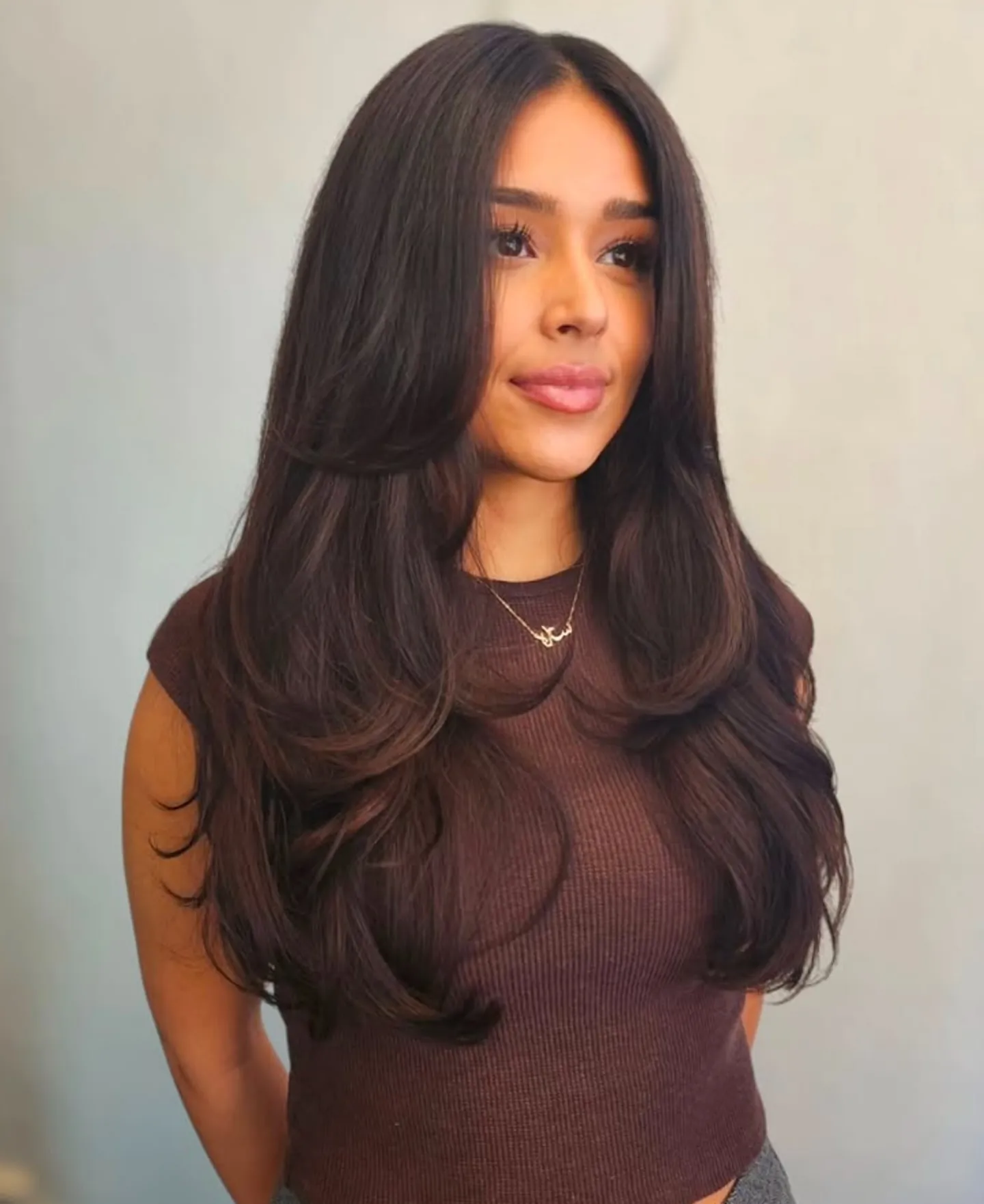 Long dark hair with face-framing layers and rounded ends