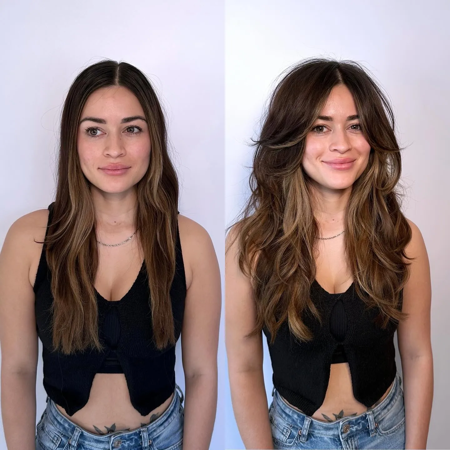 Long brunette layers with curtain bangs and lifted ends