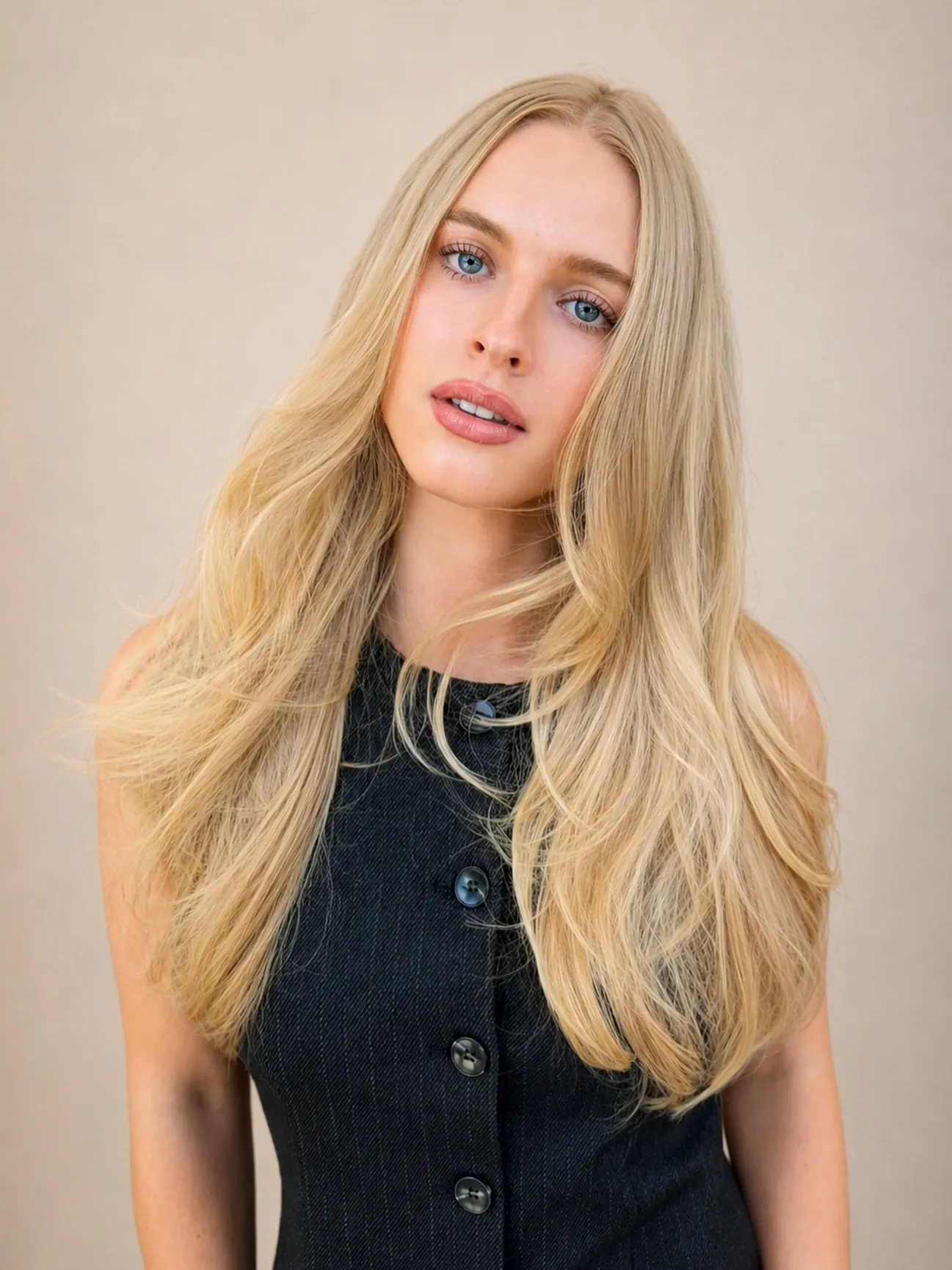 Long blonde layered hair with a center part and soft ends