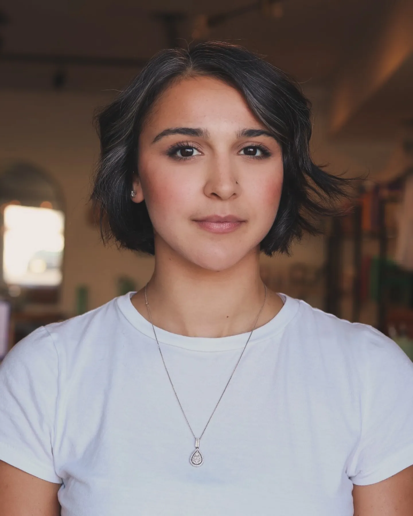 center-part mini bob haircut