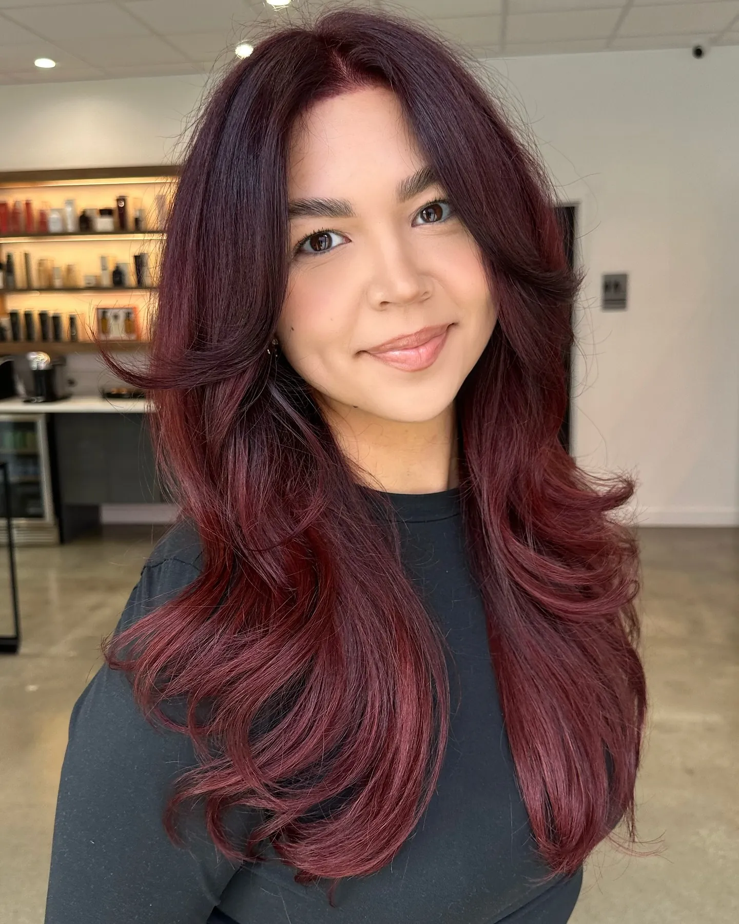 Face-Framing Mahogany Layers showing mahogany hair colour