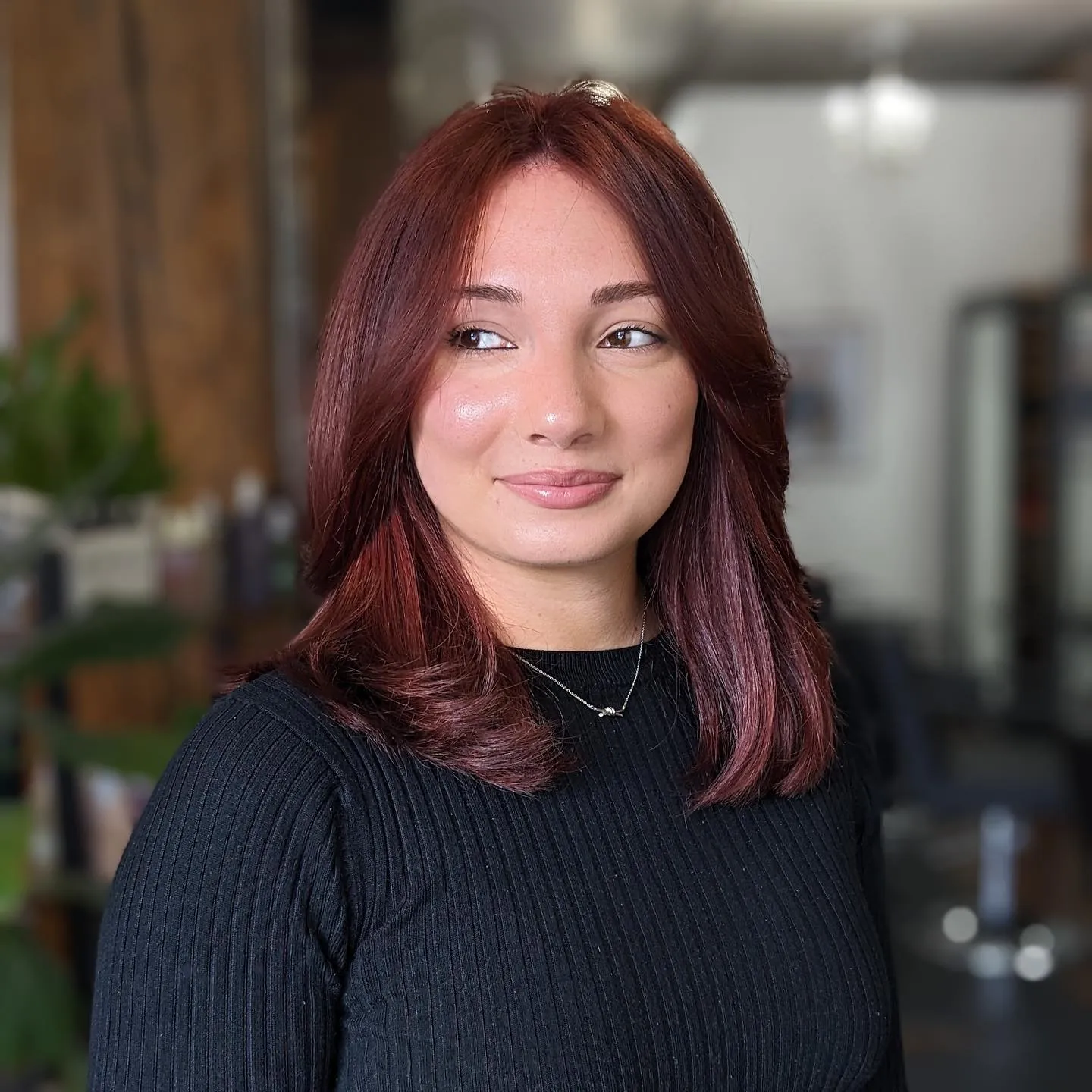 Mahogany Wavy Lob showing mahogany hair colour