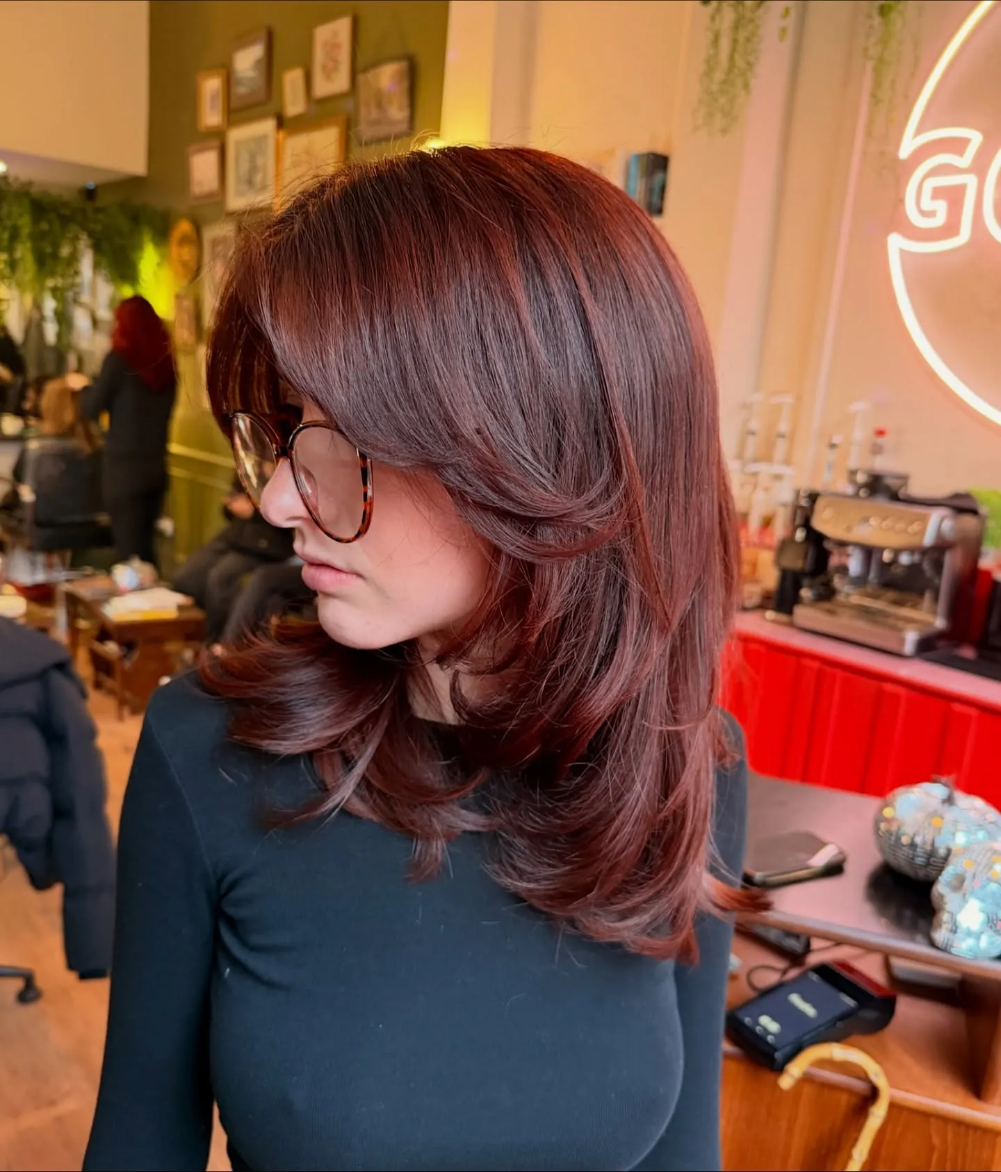 Layered Mahogany Blowout showing mahogany hair colour