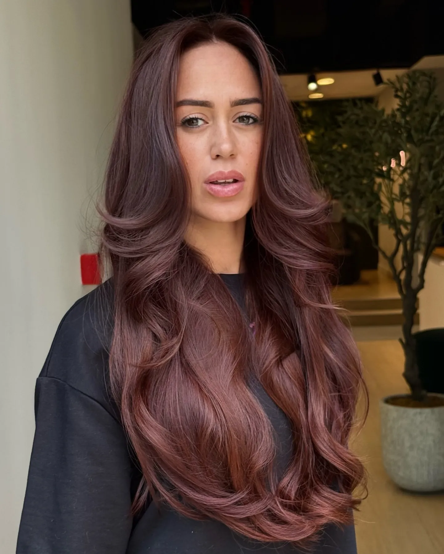 Long Mahogany Blowout showing mahogany hair colour