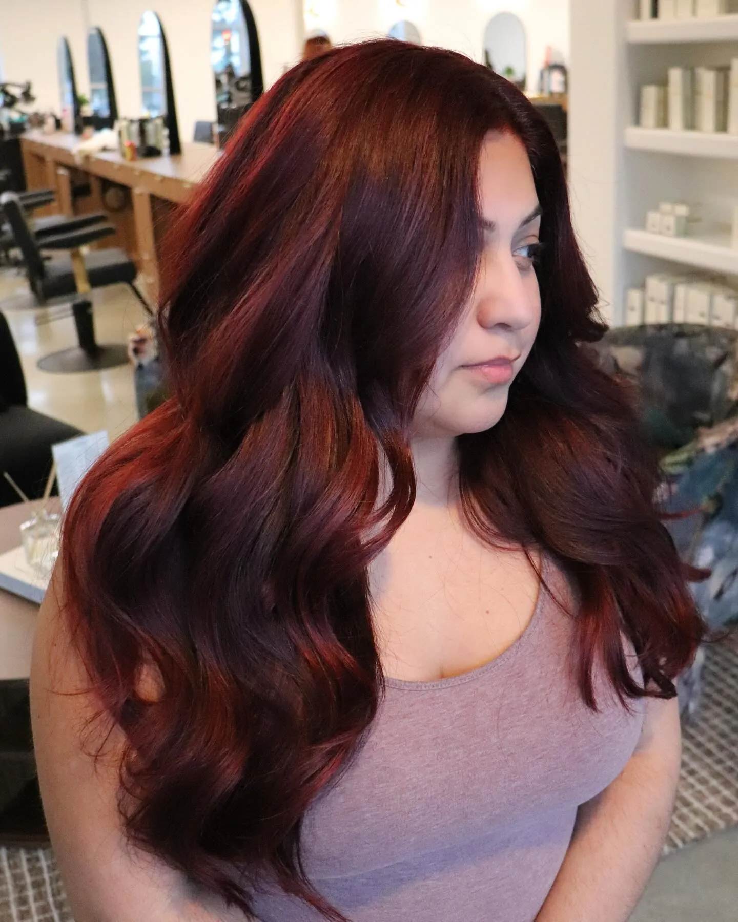 Glossy Mahogany Waves showing mahogany hair colour
