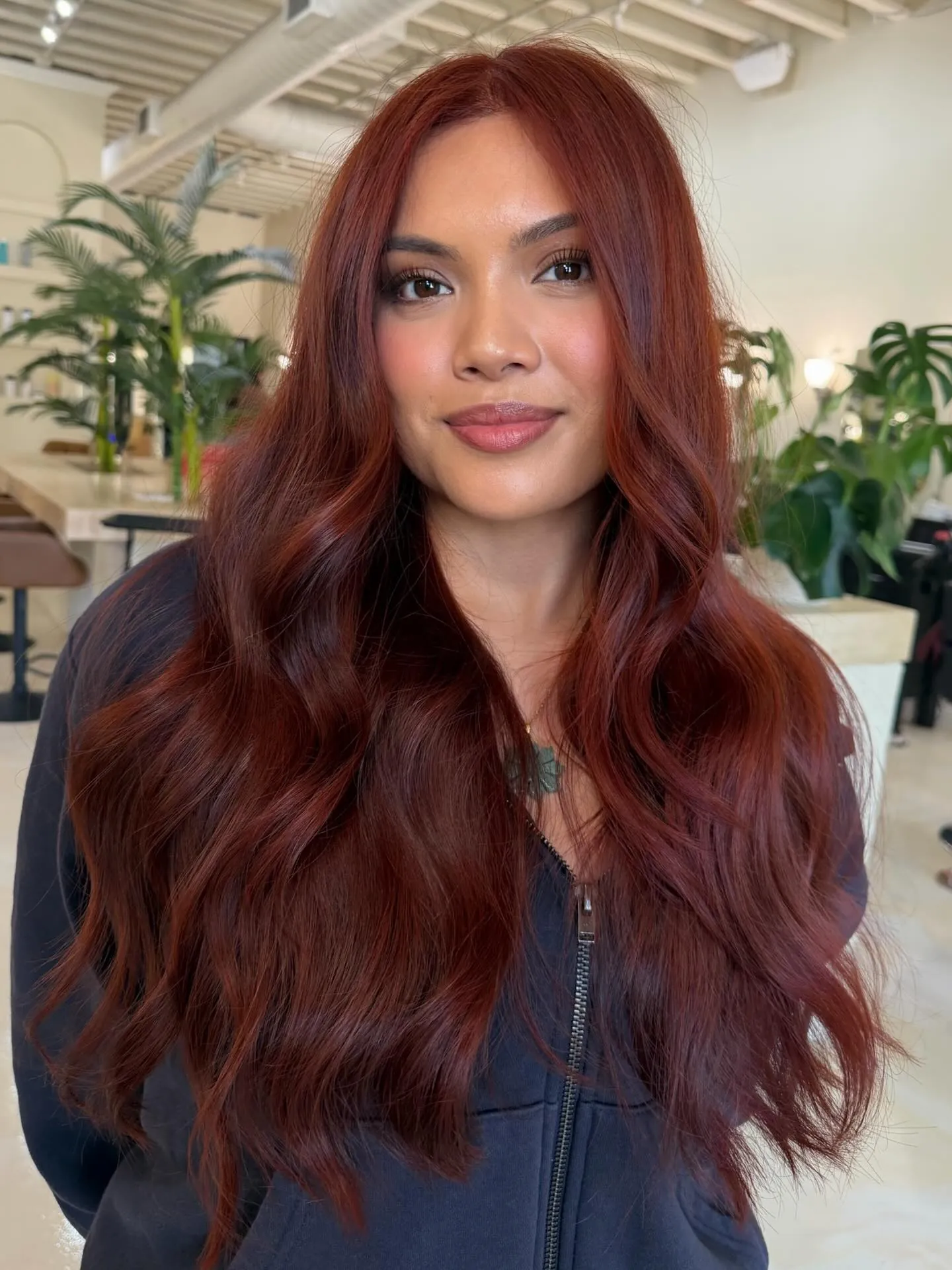 Warm Mahogany Waves showing mahogany hair colour
