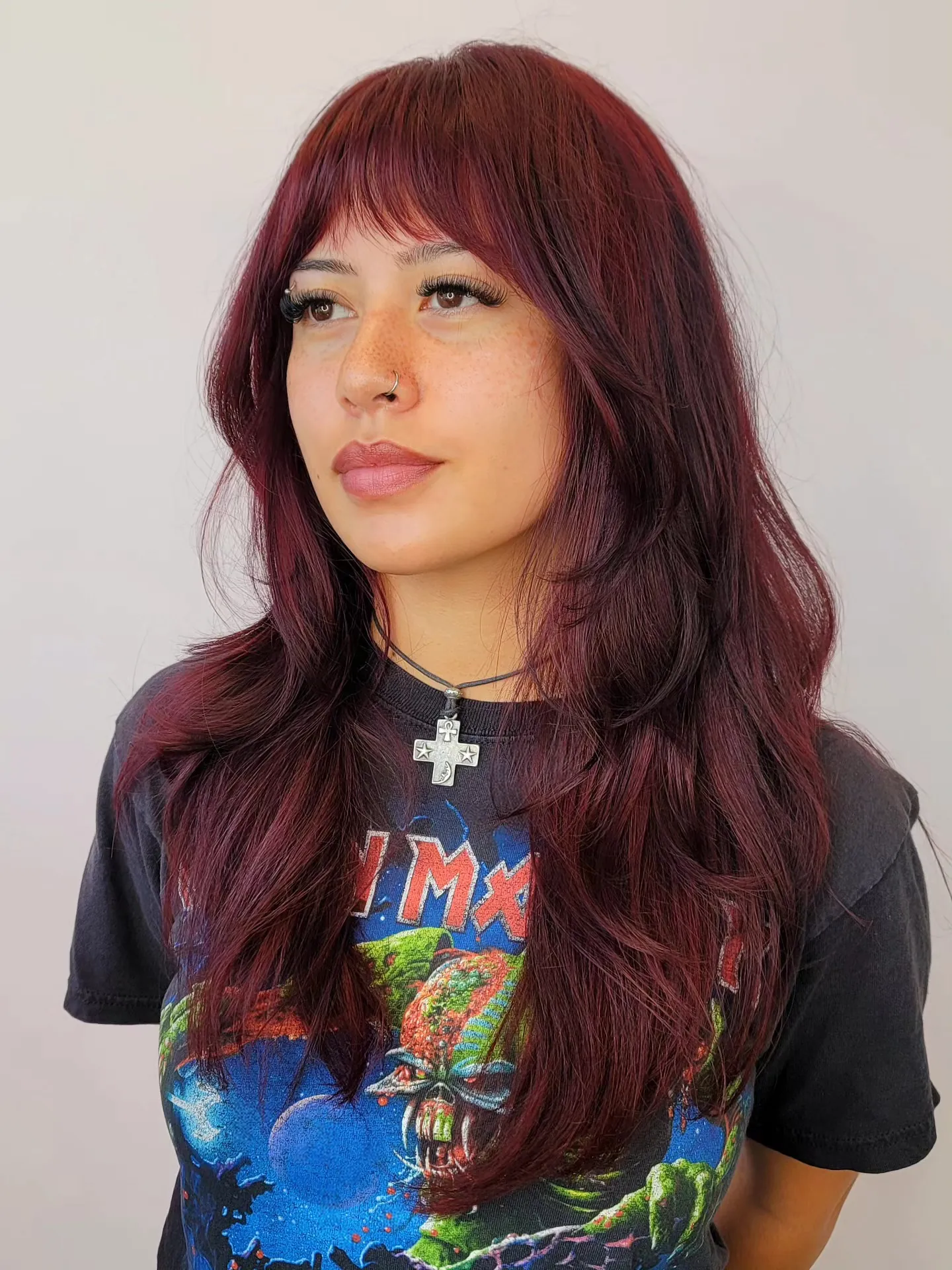 Maroon Shag With Bangs showing maroon hair colour