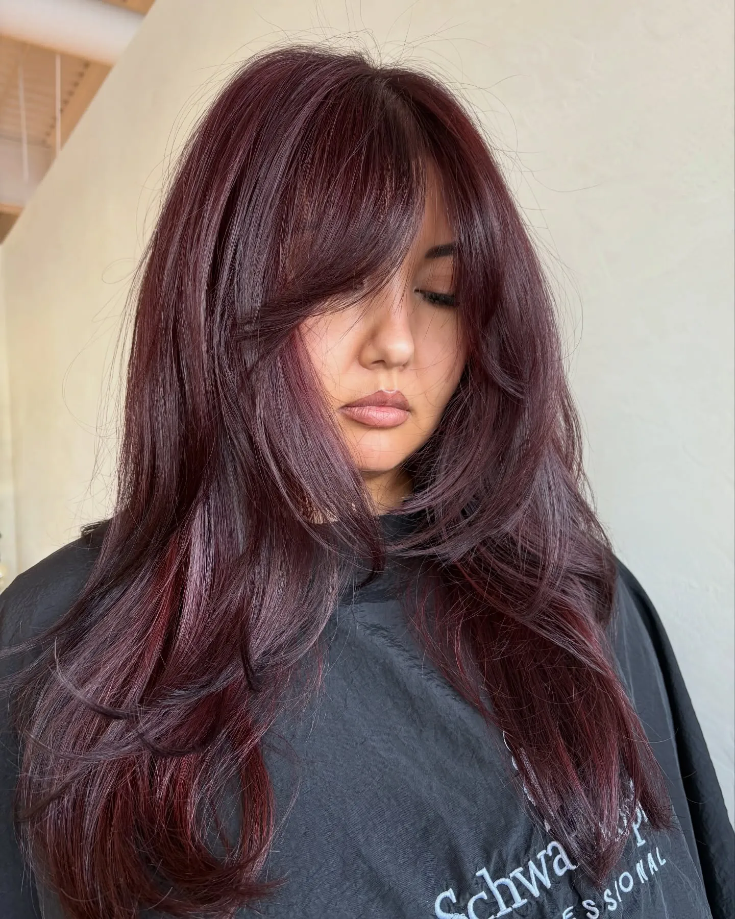 Soft Maroon Shag showing maroon hair colour