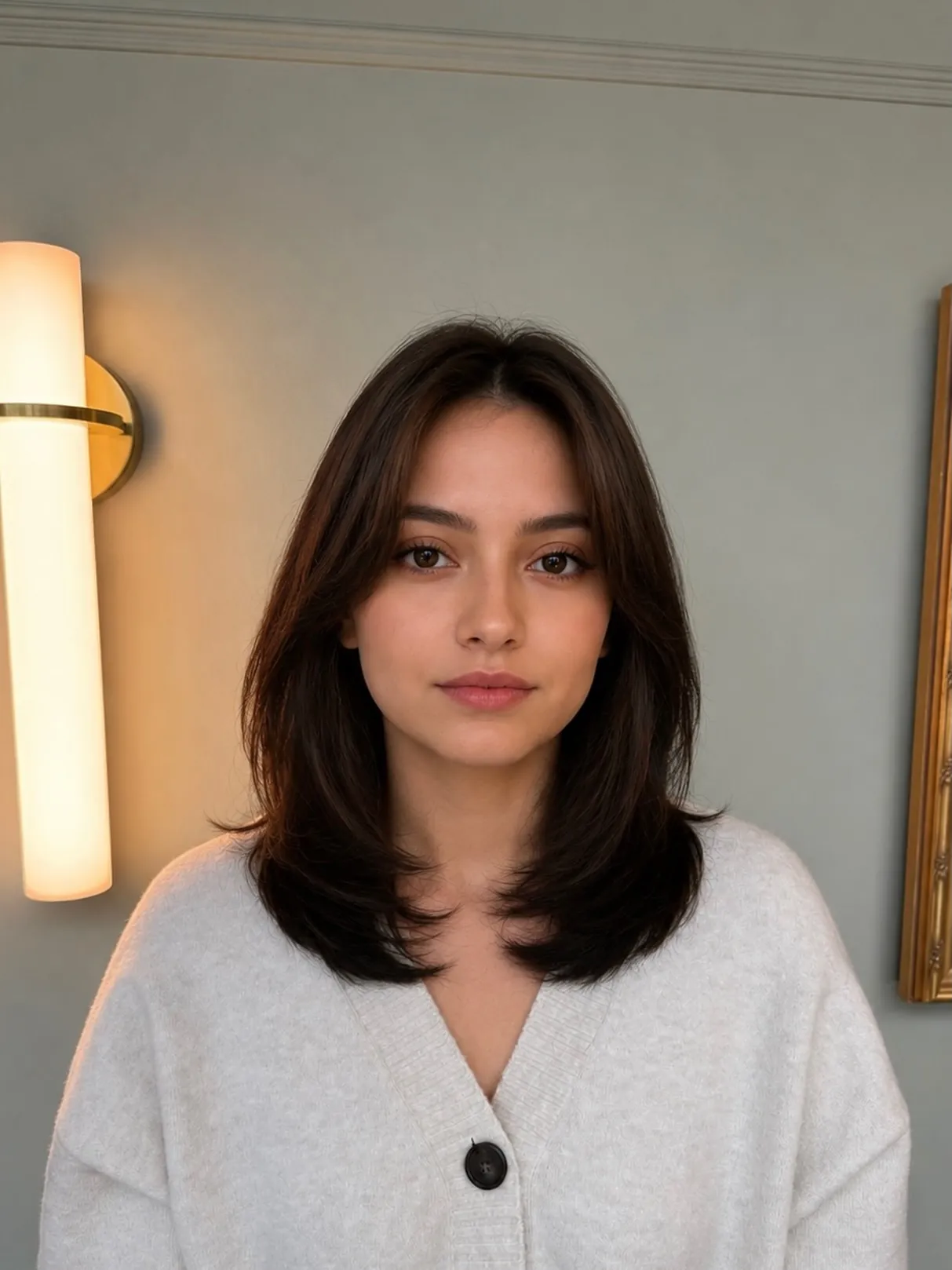 Dark medium-length hair with rounded face-framing layers
