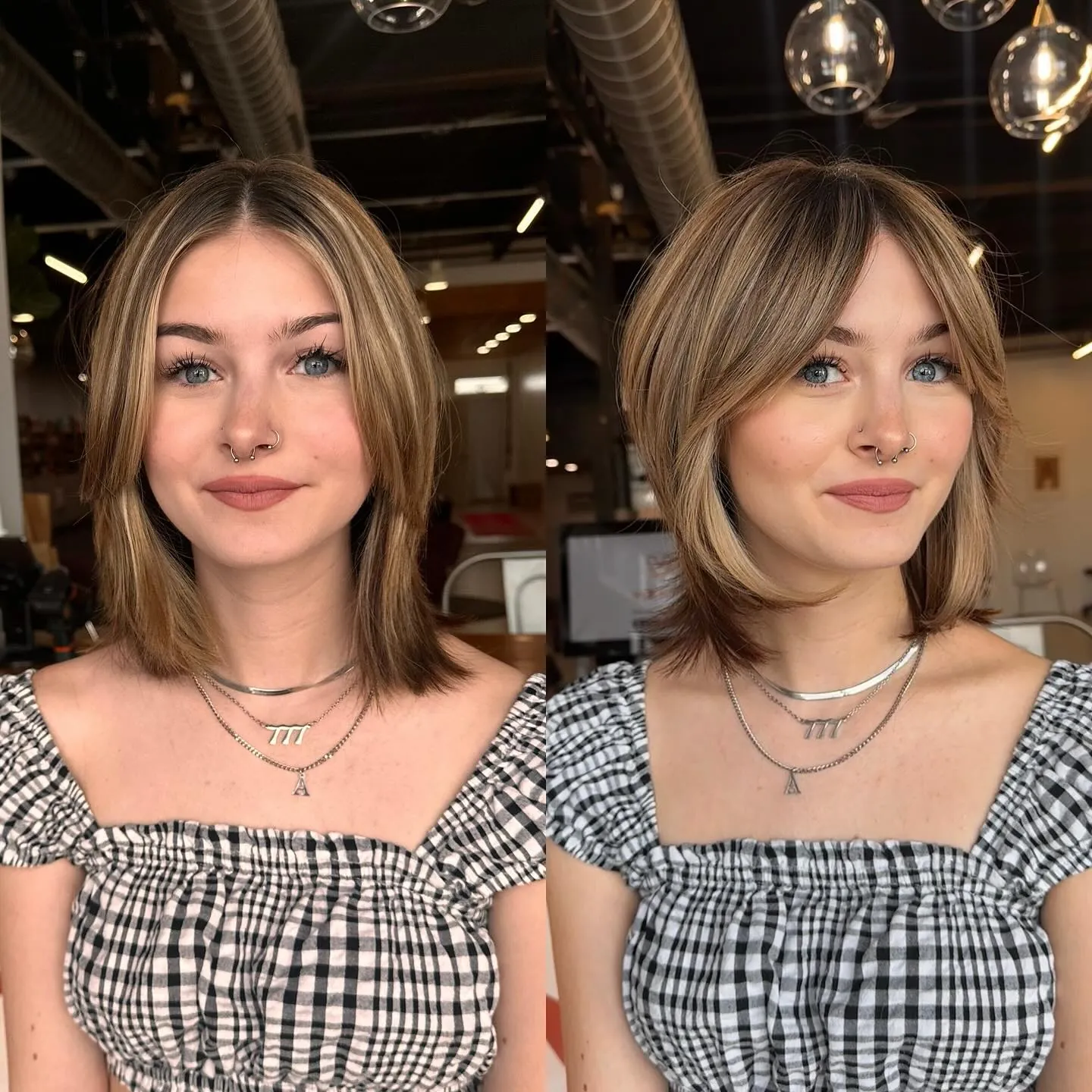 Medium lob with curtain fringe and face-framing layers