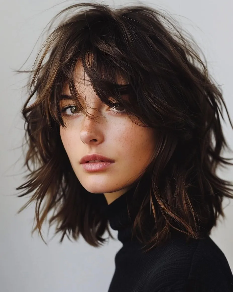 Tousled dark shag layers with a soft curtain fringe