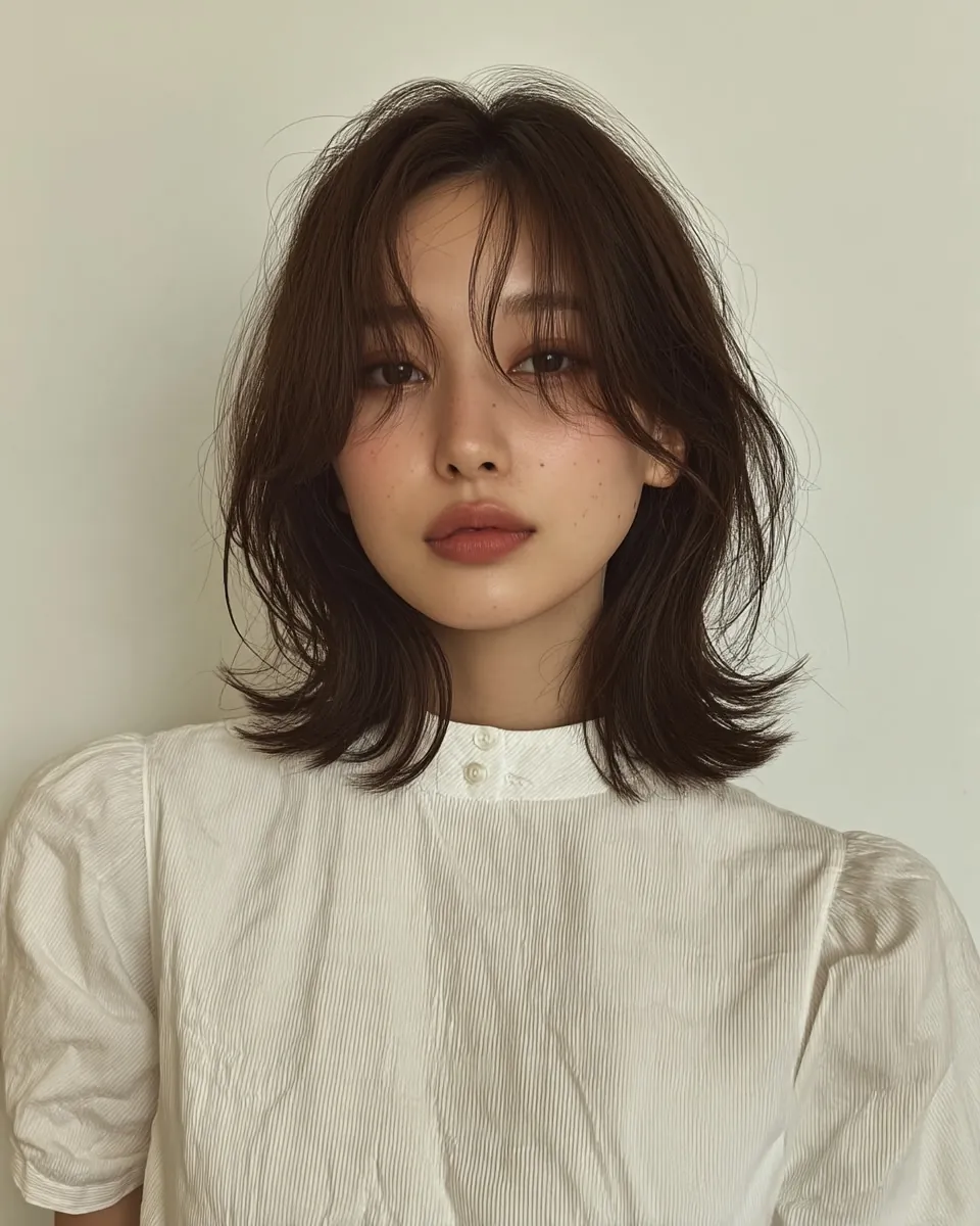 Medium shag layers with wispy curtain bangs and flipped ends