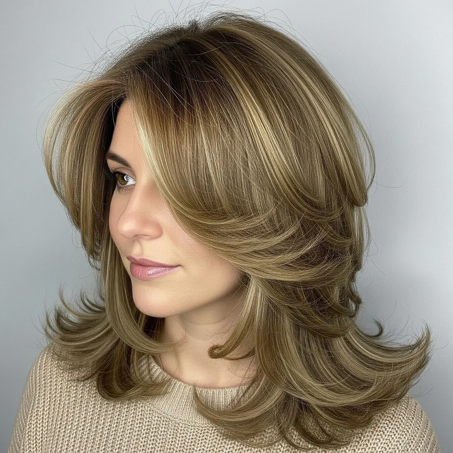 Blonde medium-length hair with side-swept feathered layers