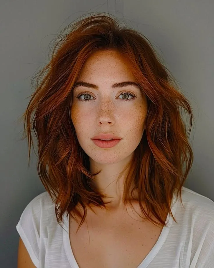 Copper medium-length hair with tousled waves and face-framing layers