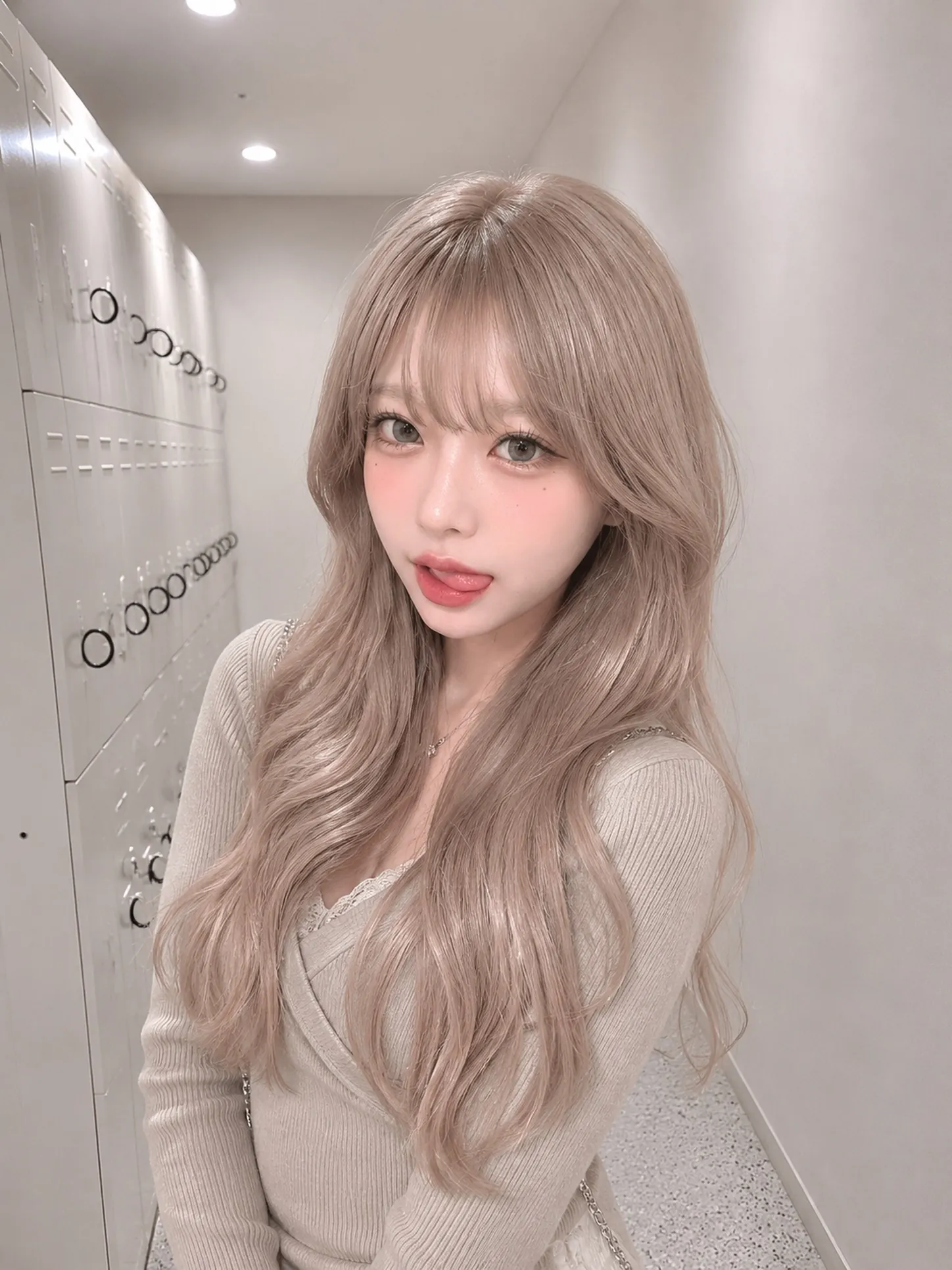 Long pale blonde waves with an airy fringe