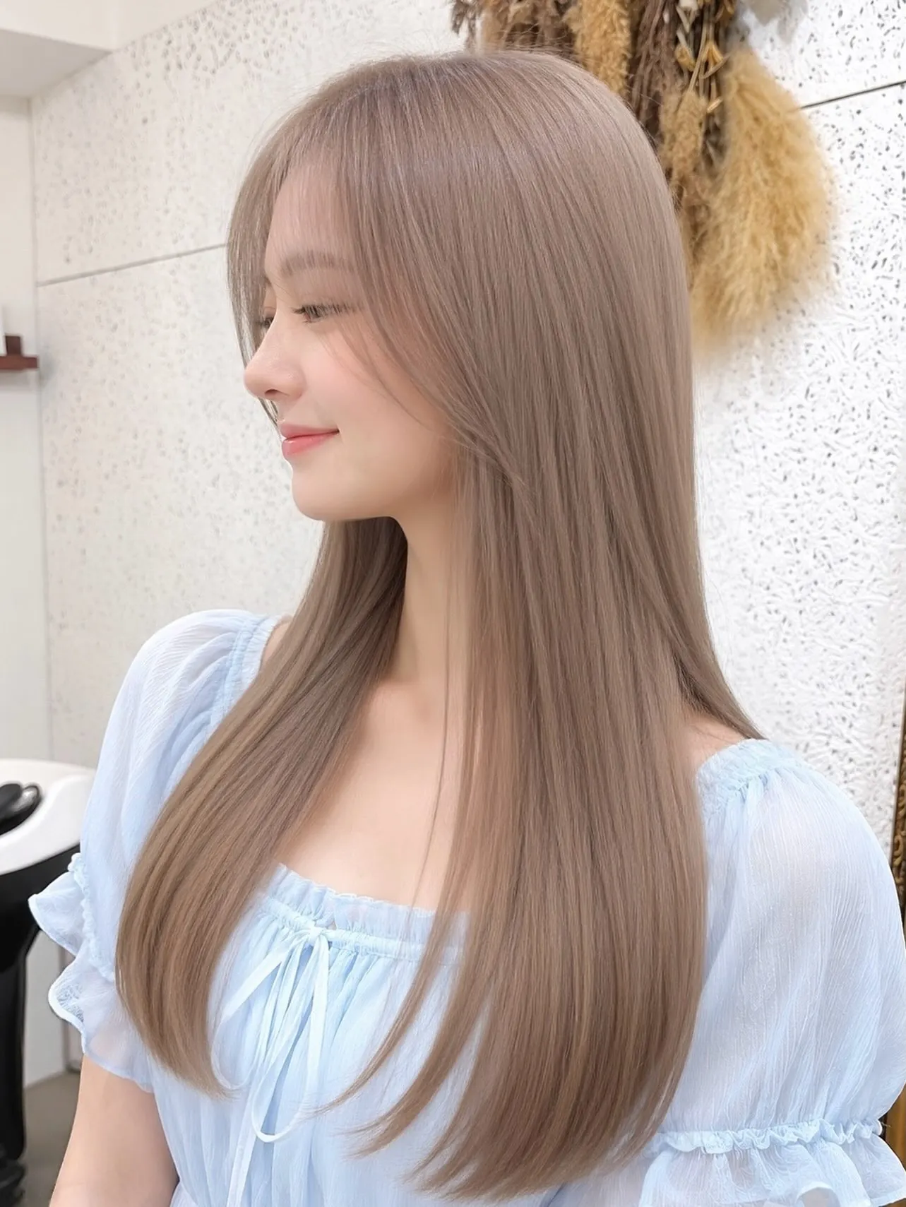Long sleek milk tea blonde hair with soft front layers
