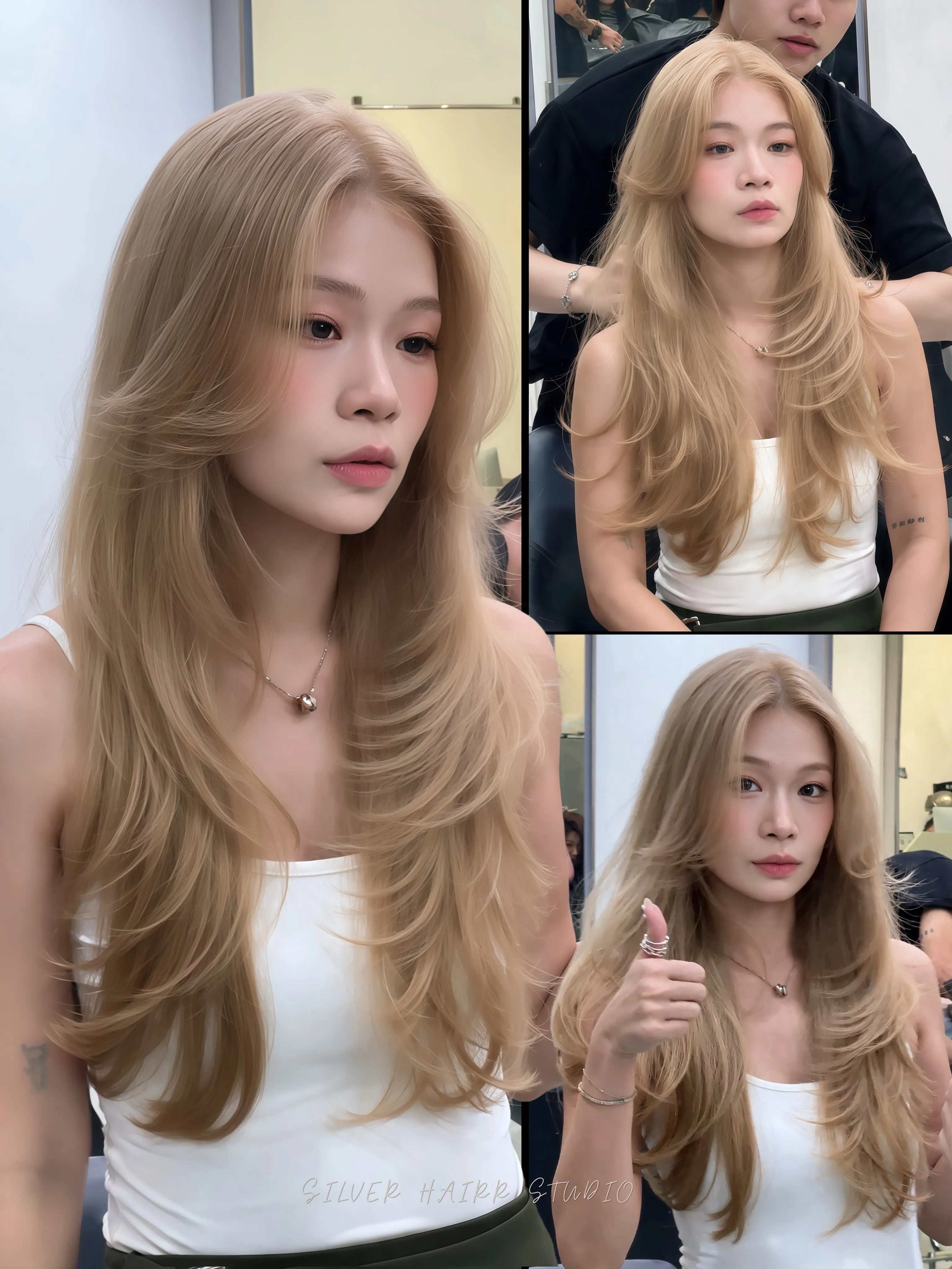Long blonde hair with rounded layers and softly curved ends