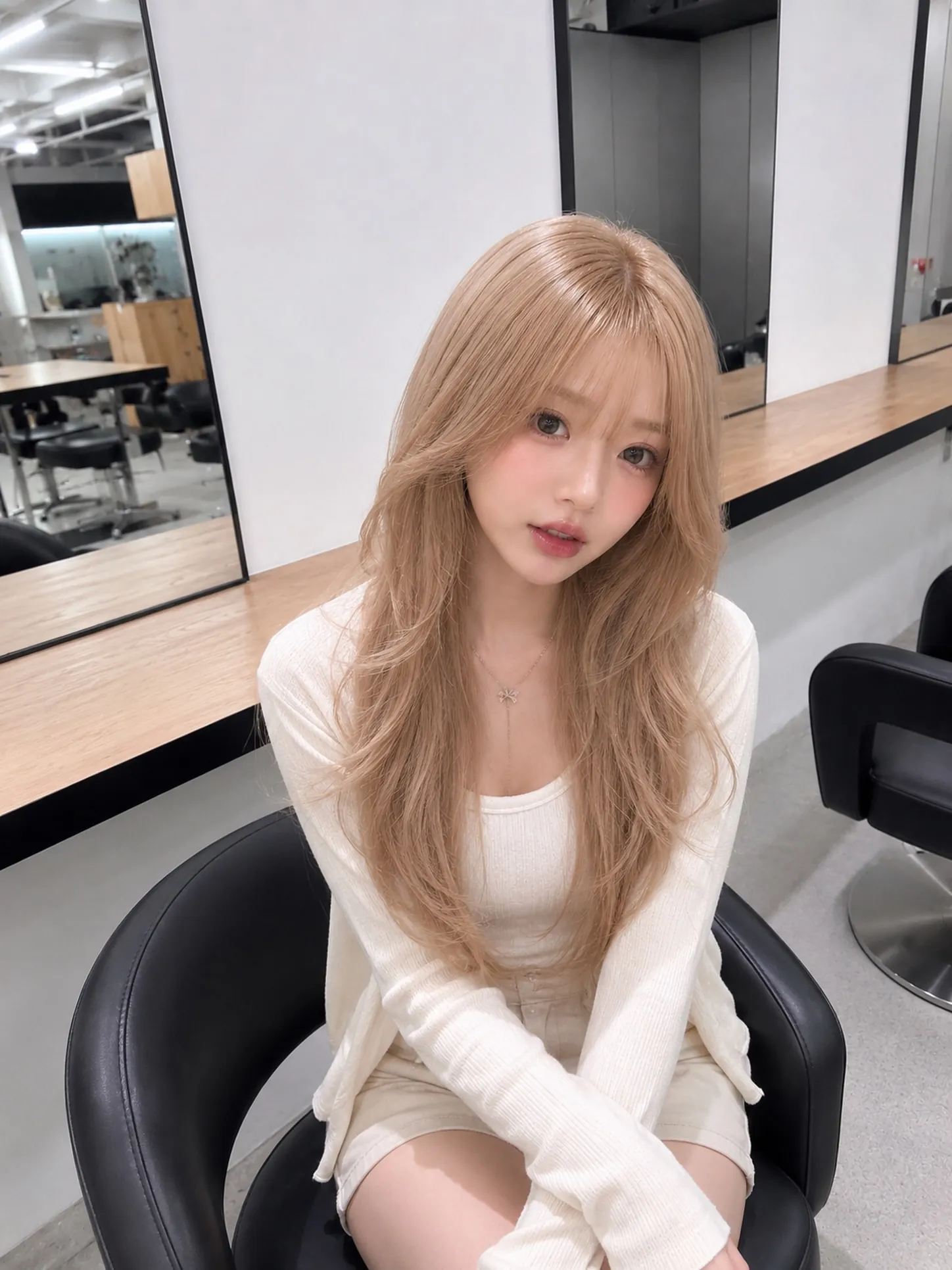 Long milk tea blonde layers with a light wispy fringe