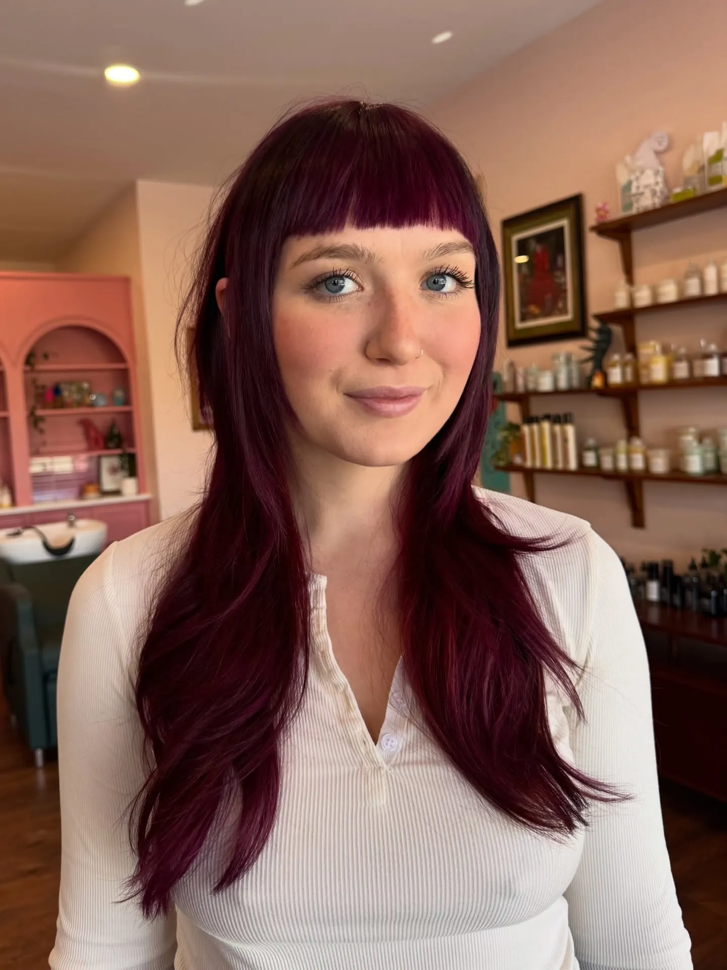 plum hair with blunt fringe layers