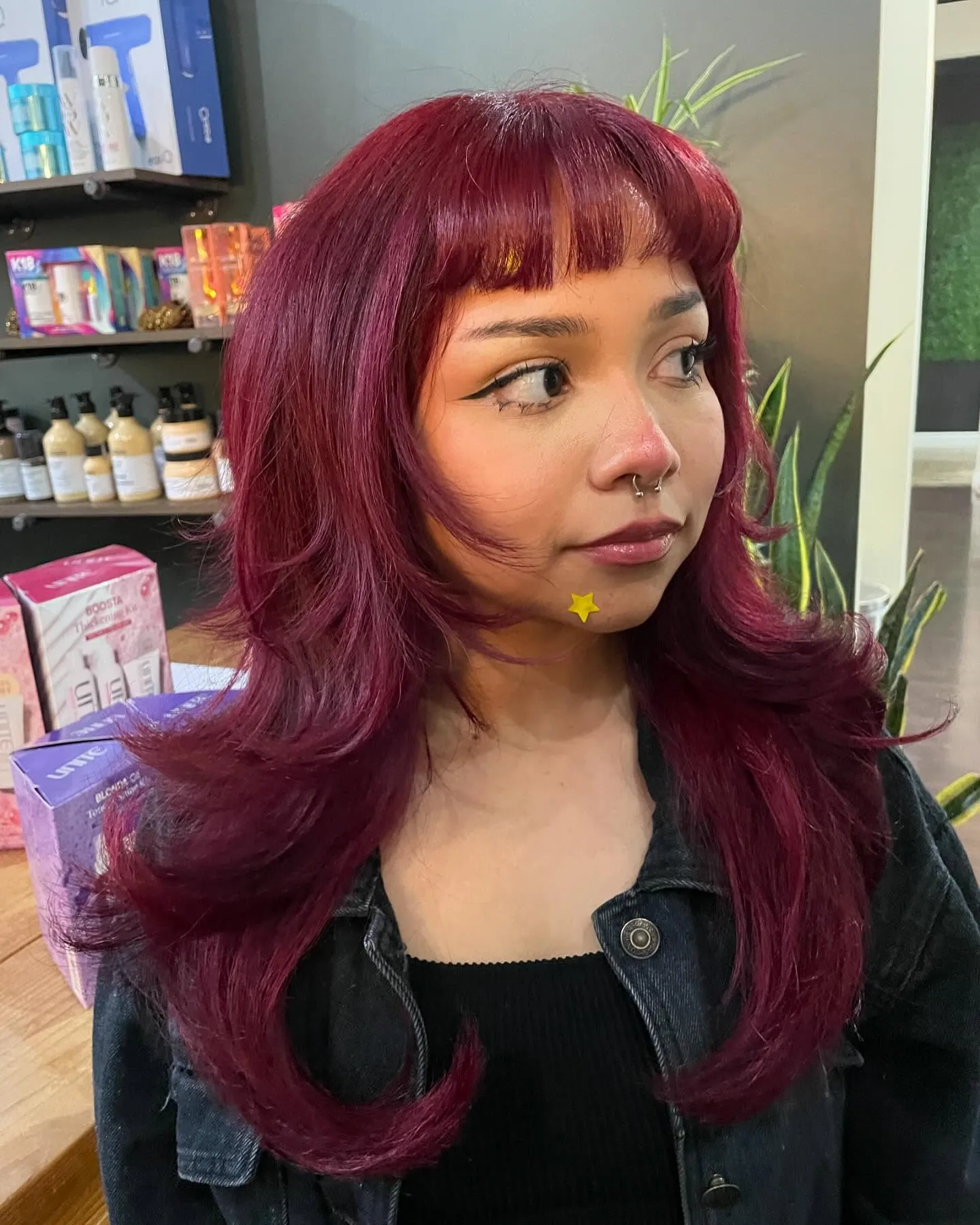 plum hair with short fringe layers