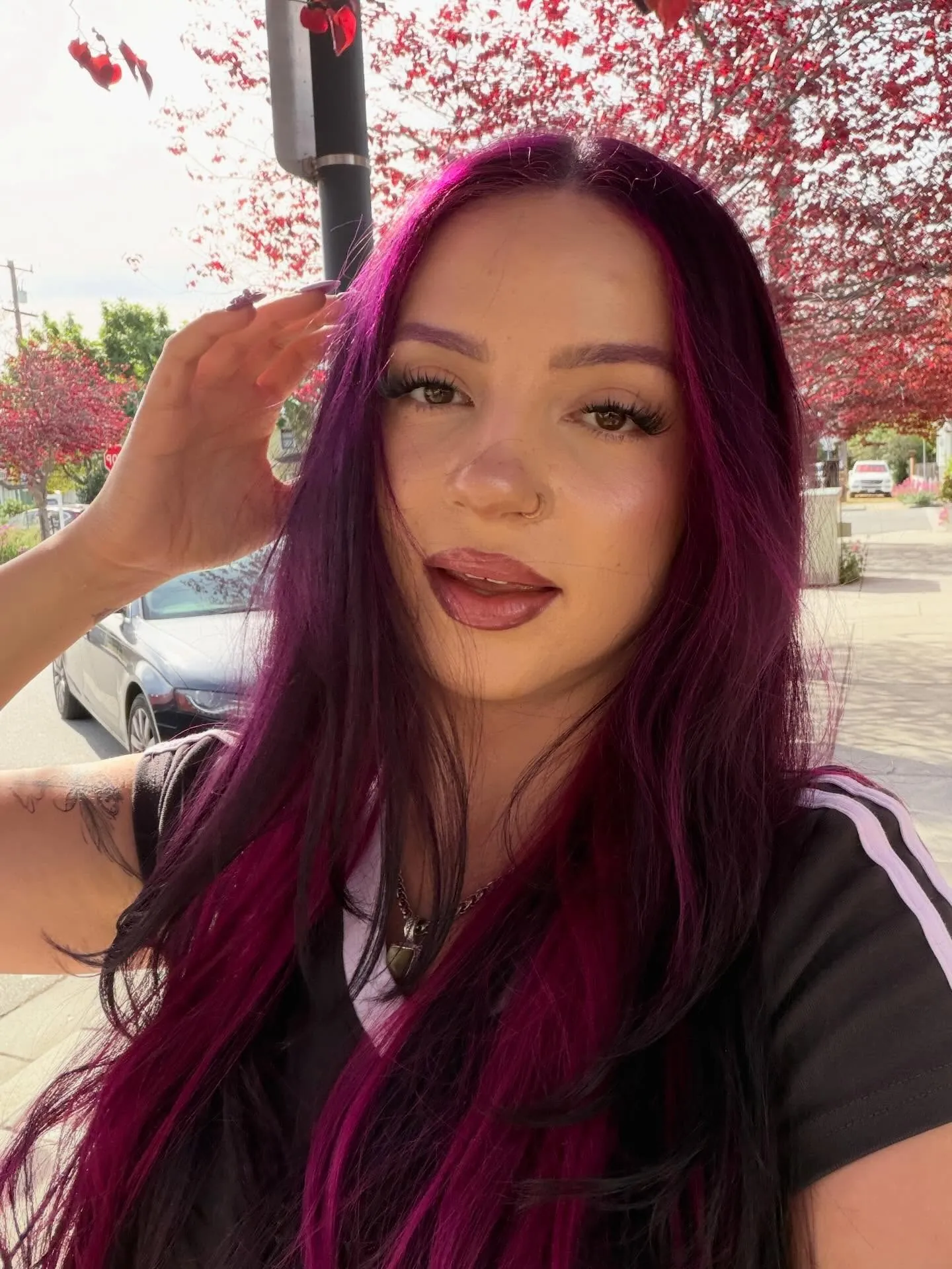 plum hair with long straight layers