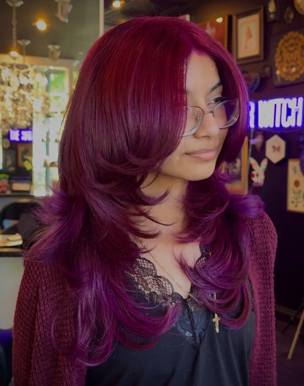 plum hair with butterfly layered waves