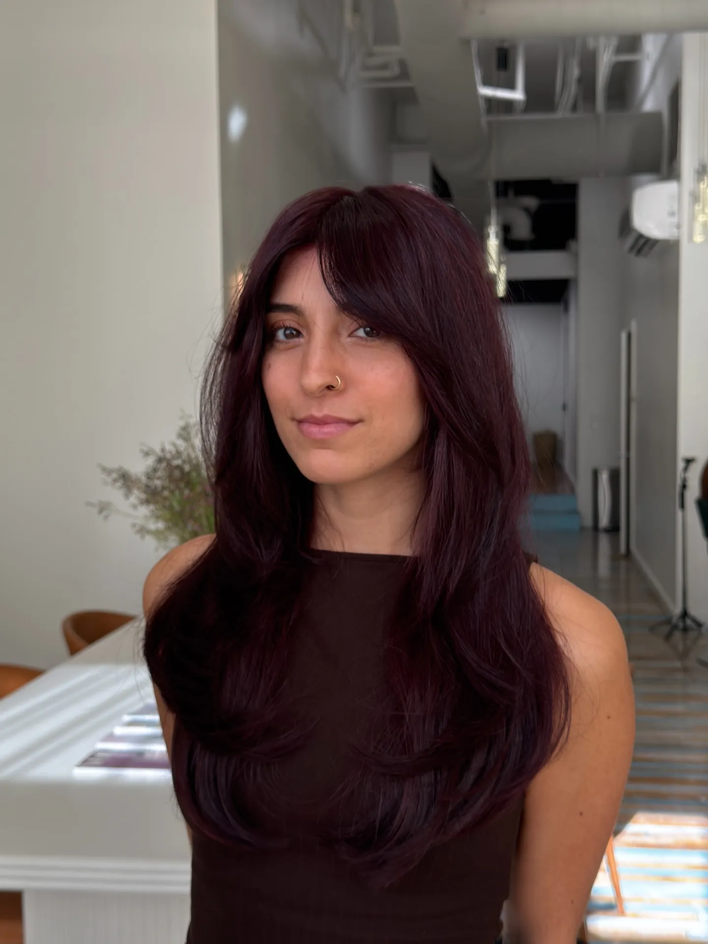 plum hair with soft straight lengths