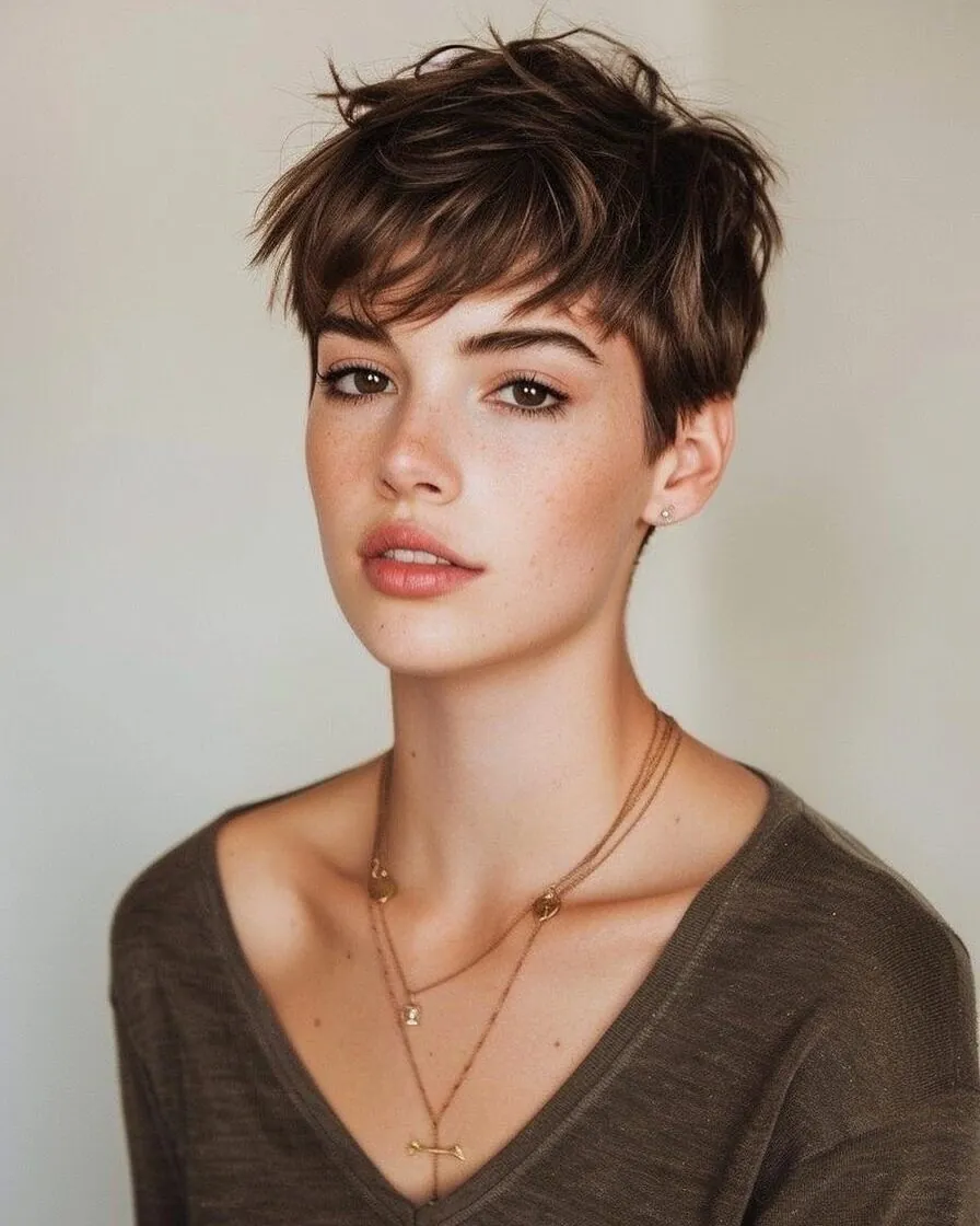 Choppy dark pixie with lifted crown texture and short side layers