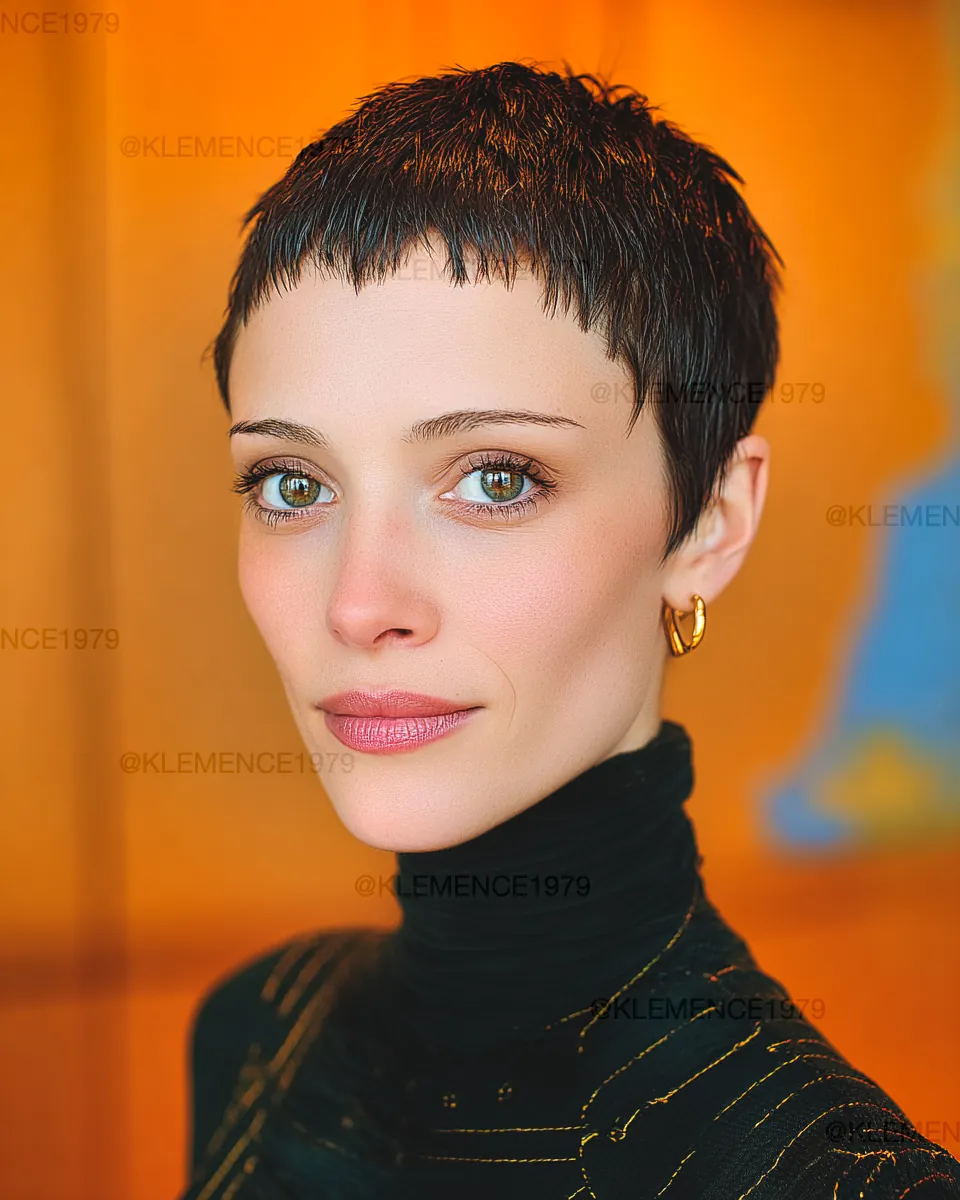 Ultra-short dark pixie with a tiny fringe and close tapered sides