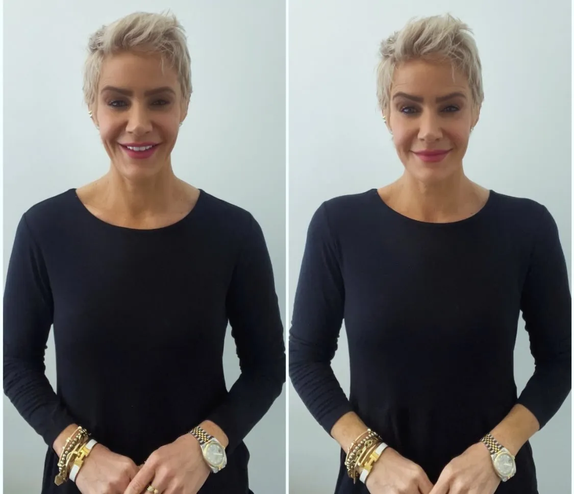 Short blonde pixie brushed upward through the front